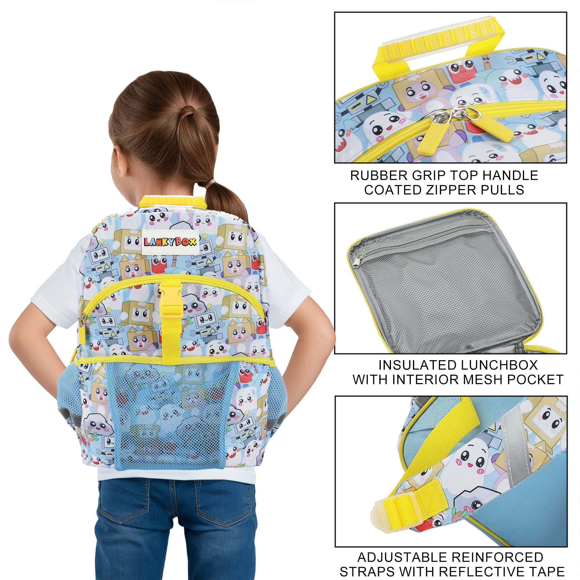 Lanky Box Character Collage 2-Piece 16" Premium Backpack & Lunch Box Set For boys School And Travel