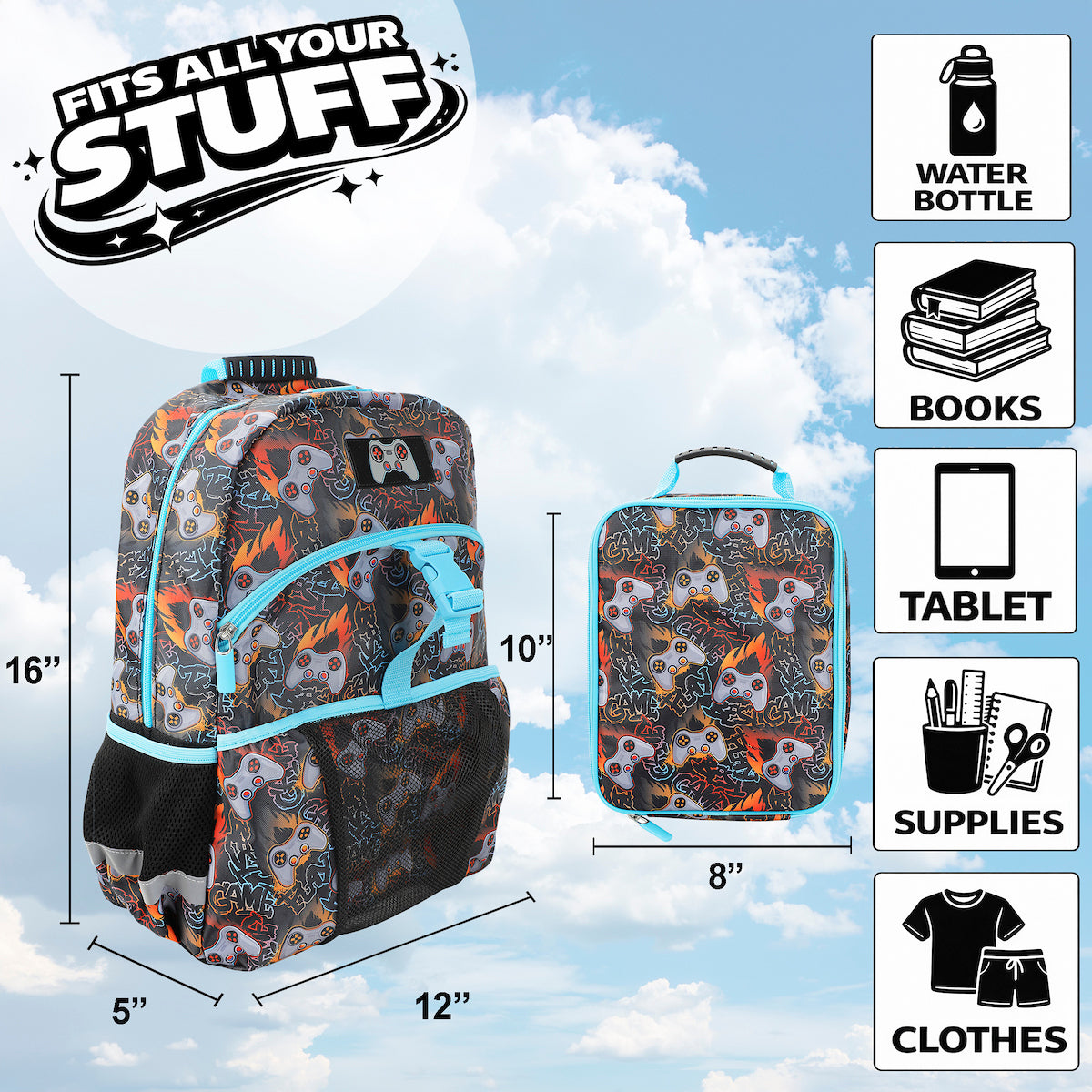 Video Game Controller All-Over Print 16" Premium Backpack & Lunch Kit Set for boys