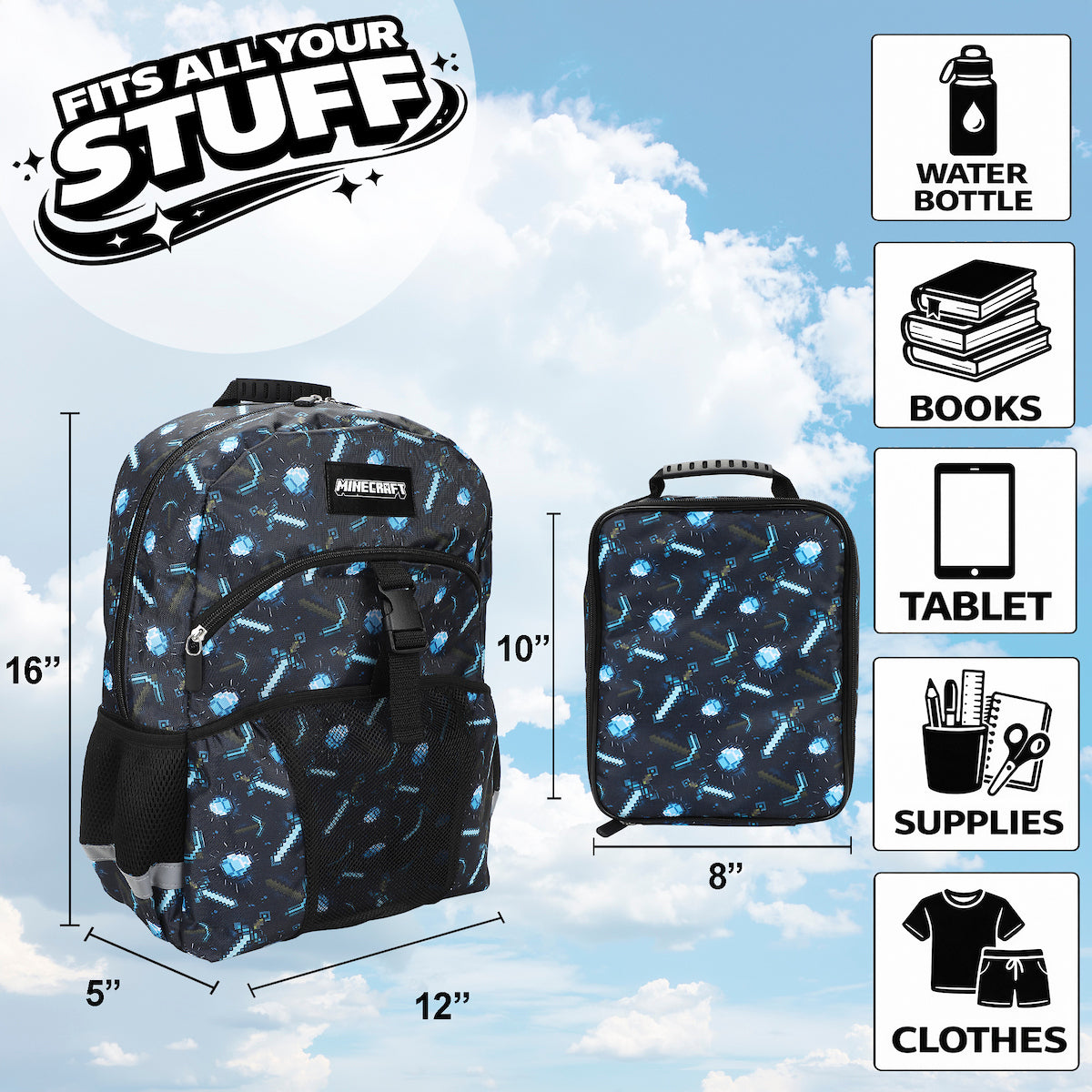 Minecraft 2-Piece 16" Kids Backpack & Lunch Box Set For School And Travel