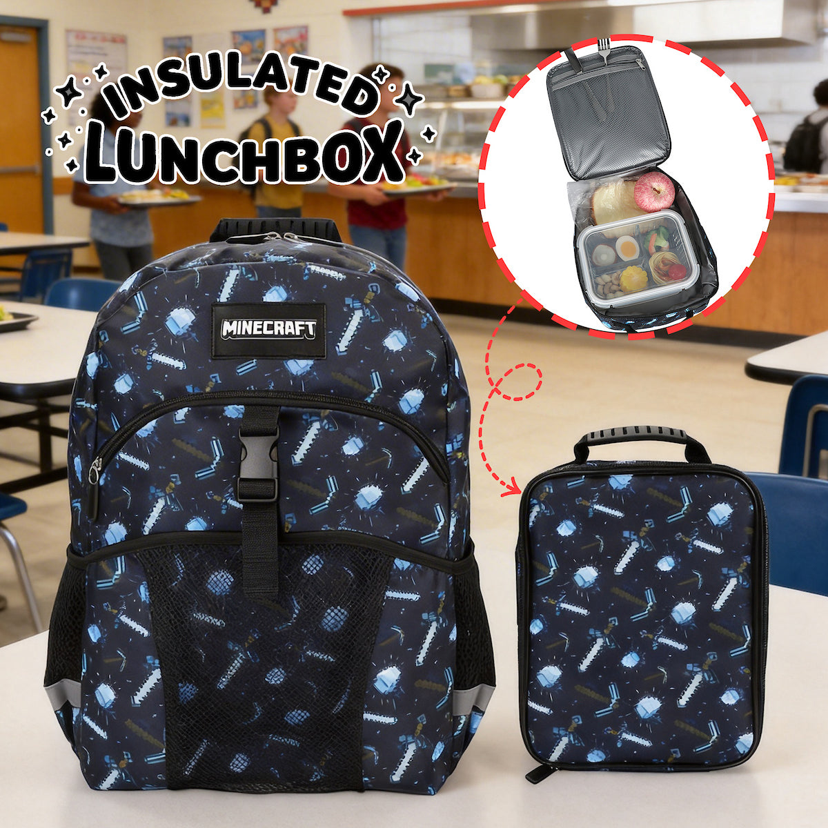 Minecraft 2-Piece 16" Kids Backpack & Lunch Box Set For School And Travel