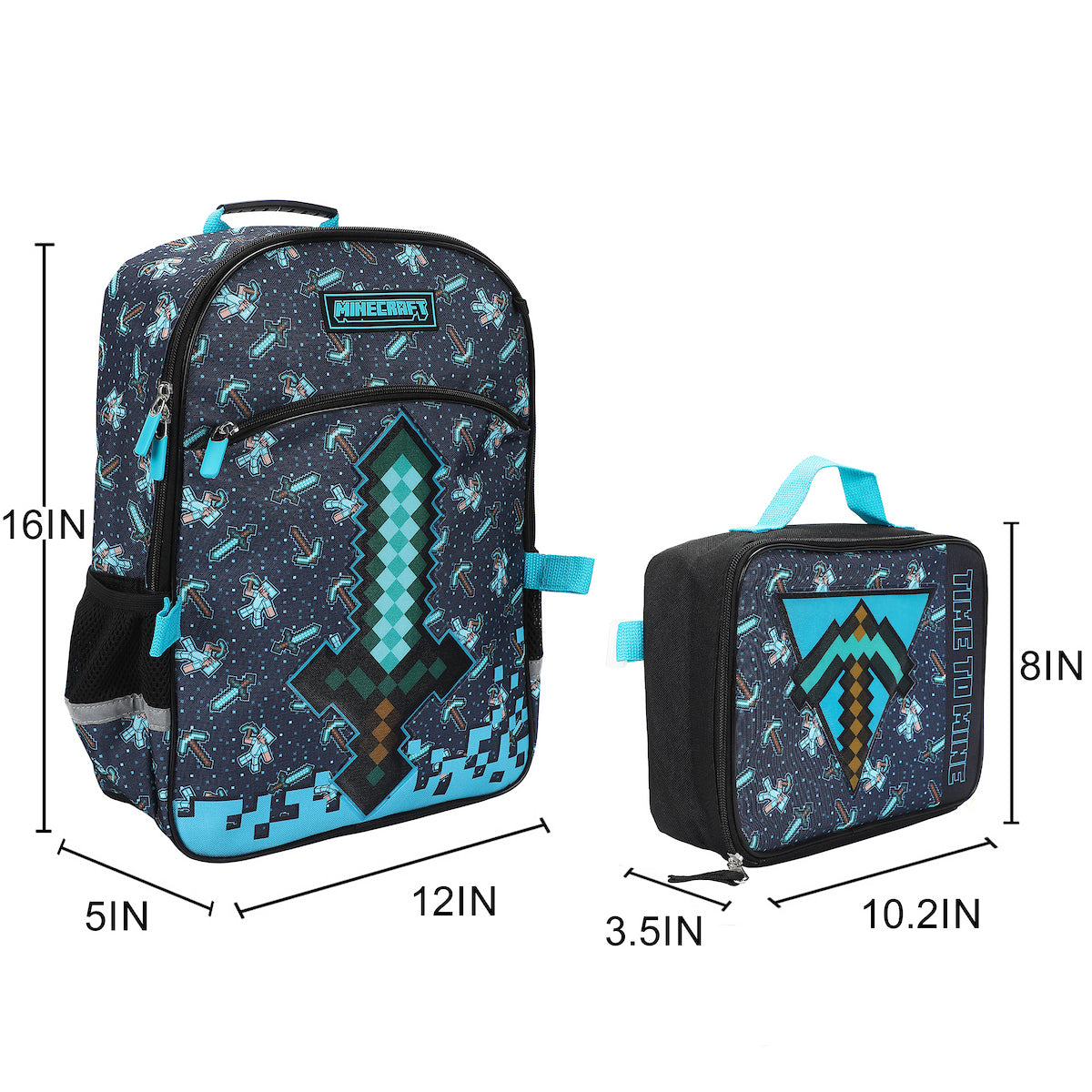 Minecraft Diamon Sword 5-Piece 16” Backpack And Lunch Set For School & Travel
