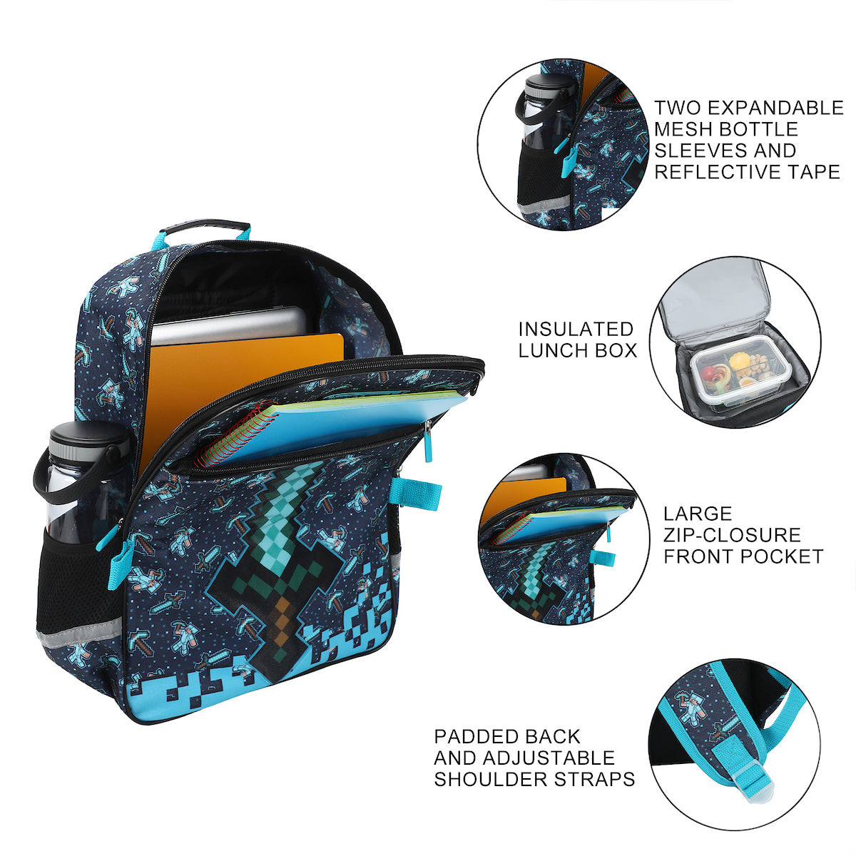 Minecraft Diamon Sword 5-Piece 16” Backpack And Lunch Set For School & Travel