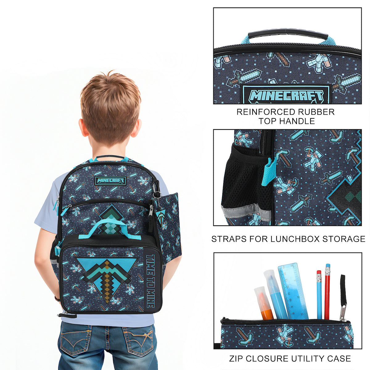 Minecraft Diamon Sword 5-Piece 16” Backpack And Lunch Set For School & Travel