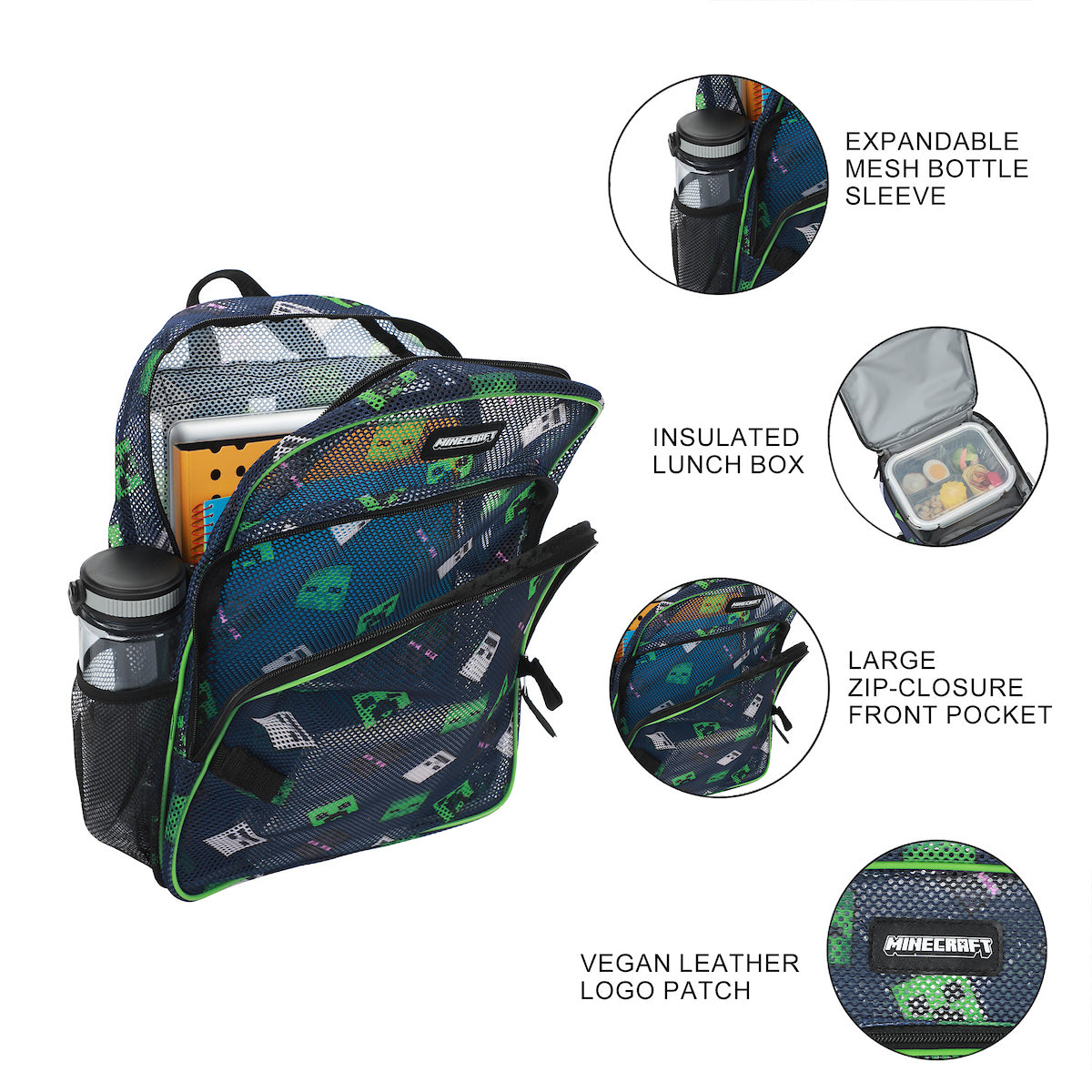Minecraft Franchise Creepers 2-Piece 16" Kids Backpack & Lunch Box Set For School And Travel