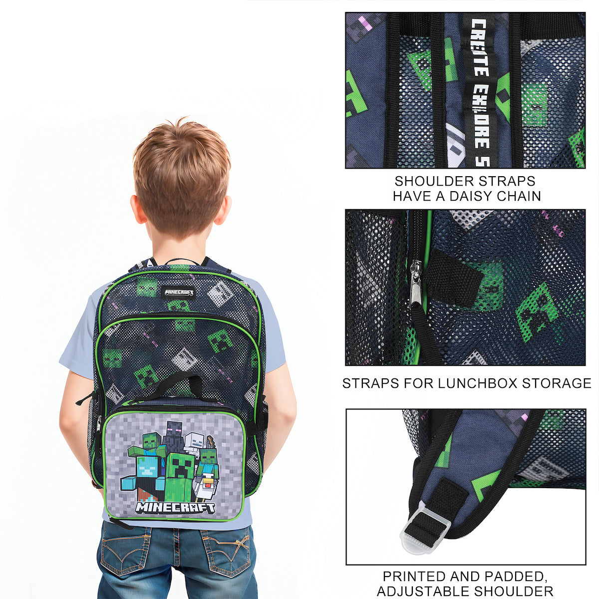 Minecraft Franchise Creepers 2-Piece 16" Kids Backpack & Lunch Box Set For School And Travel