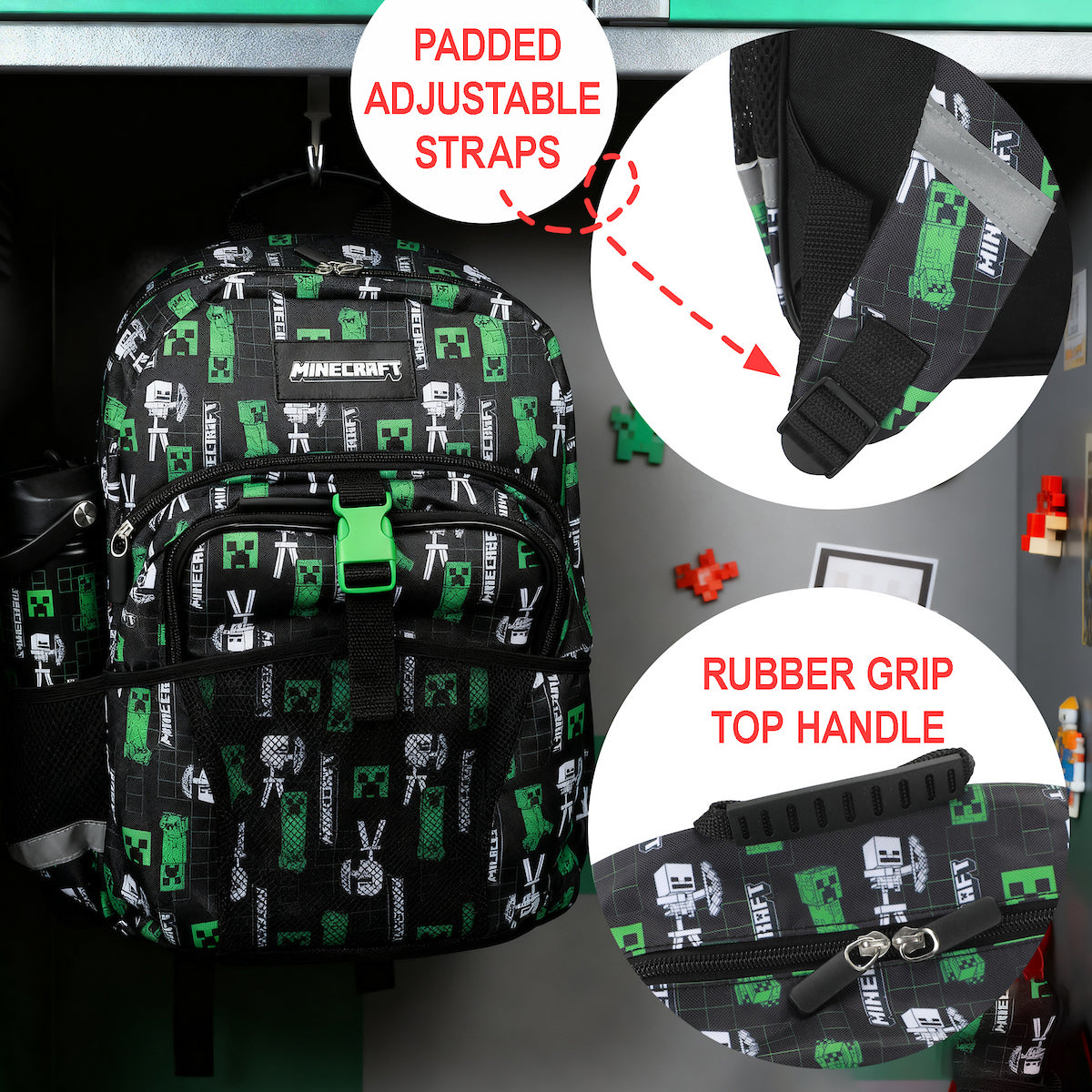 Minecraft Creepers & Skeletons All-Over Print Black 16” Backpack With Lunchbox Set and Stainless Steel Water Bottle