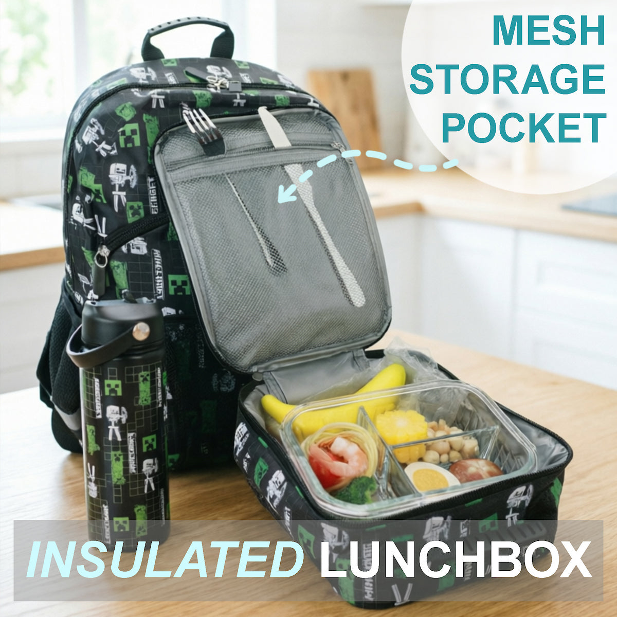 Minecraft Creepers & Skeletons All-Over Print Black 16” Backpack With Lunchbox Set and Stainless Steel Water Bottle