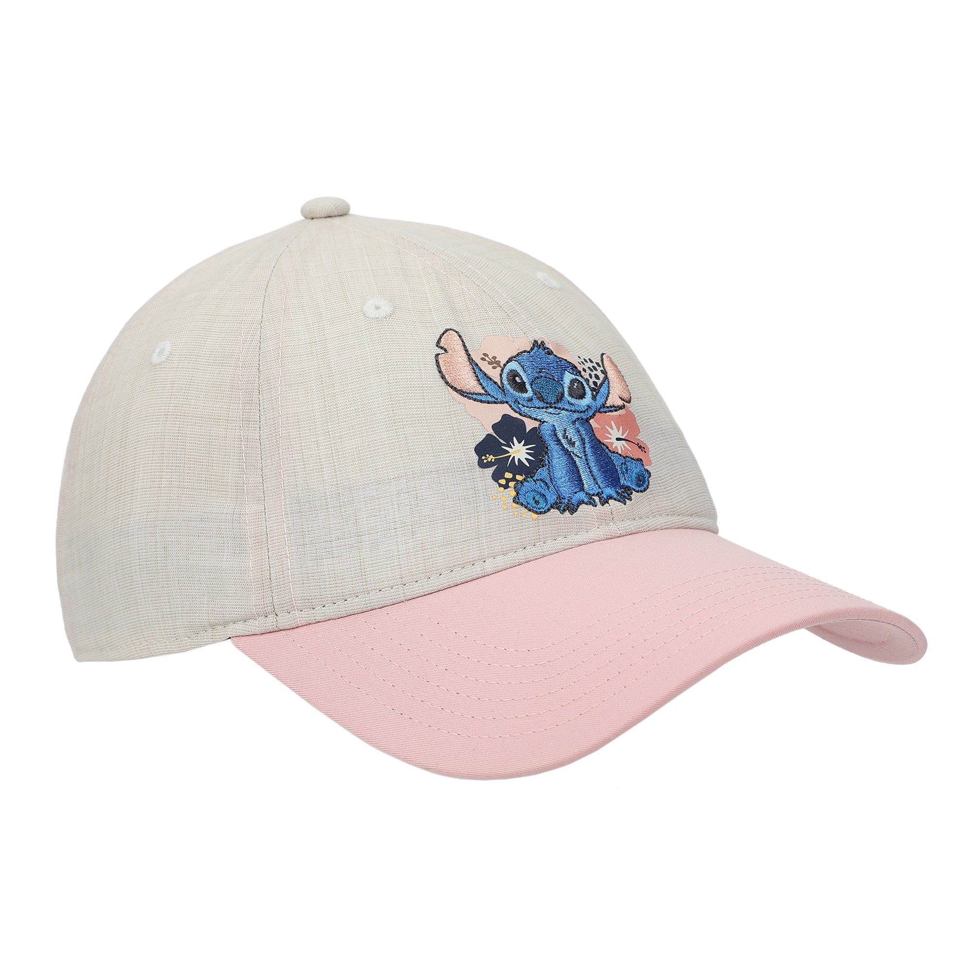 Disney Stitch Embroidered Character & Flowers Women's White & Pink Unstructured Baseball Cap