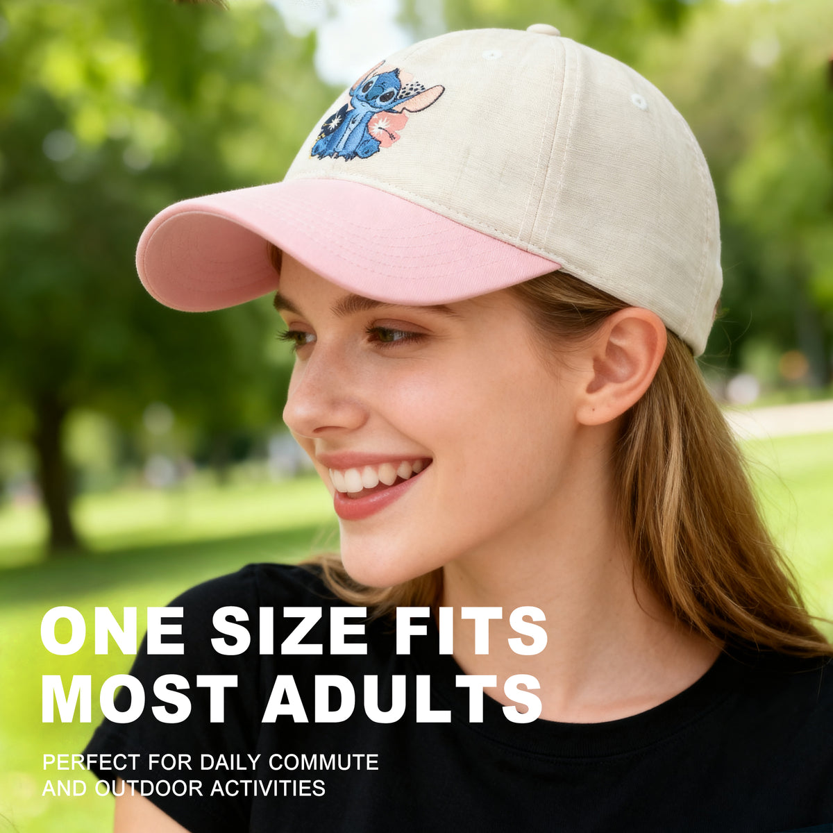 Disney Stitch Embroidered Character & Flowers Women's White & Pink Unstructured Baseball Cap