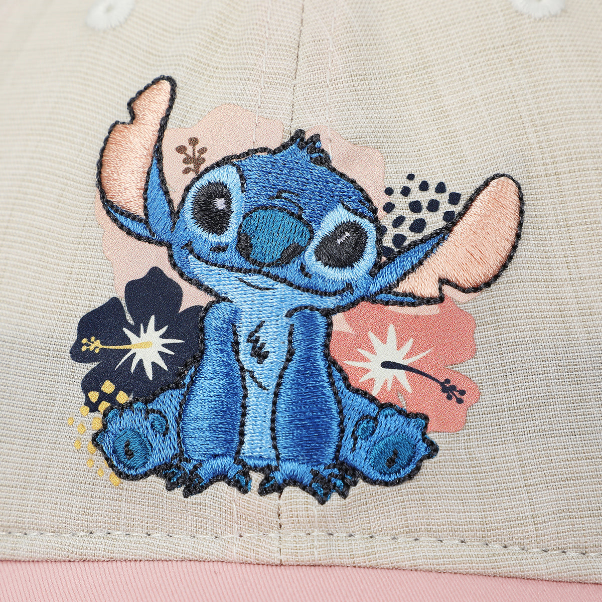 Disney Stitch Embroidered Character & Flowers Women's White & Pink Unstructured Baseball Cap