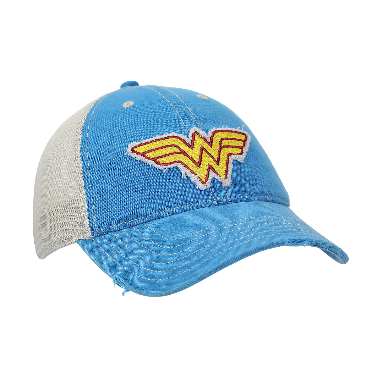 Wonder Woman Logo Women's Blue Washed Distressed Cut Fabric Unstructured Baseball Cap
