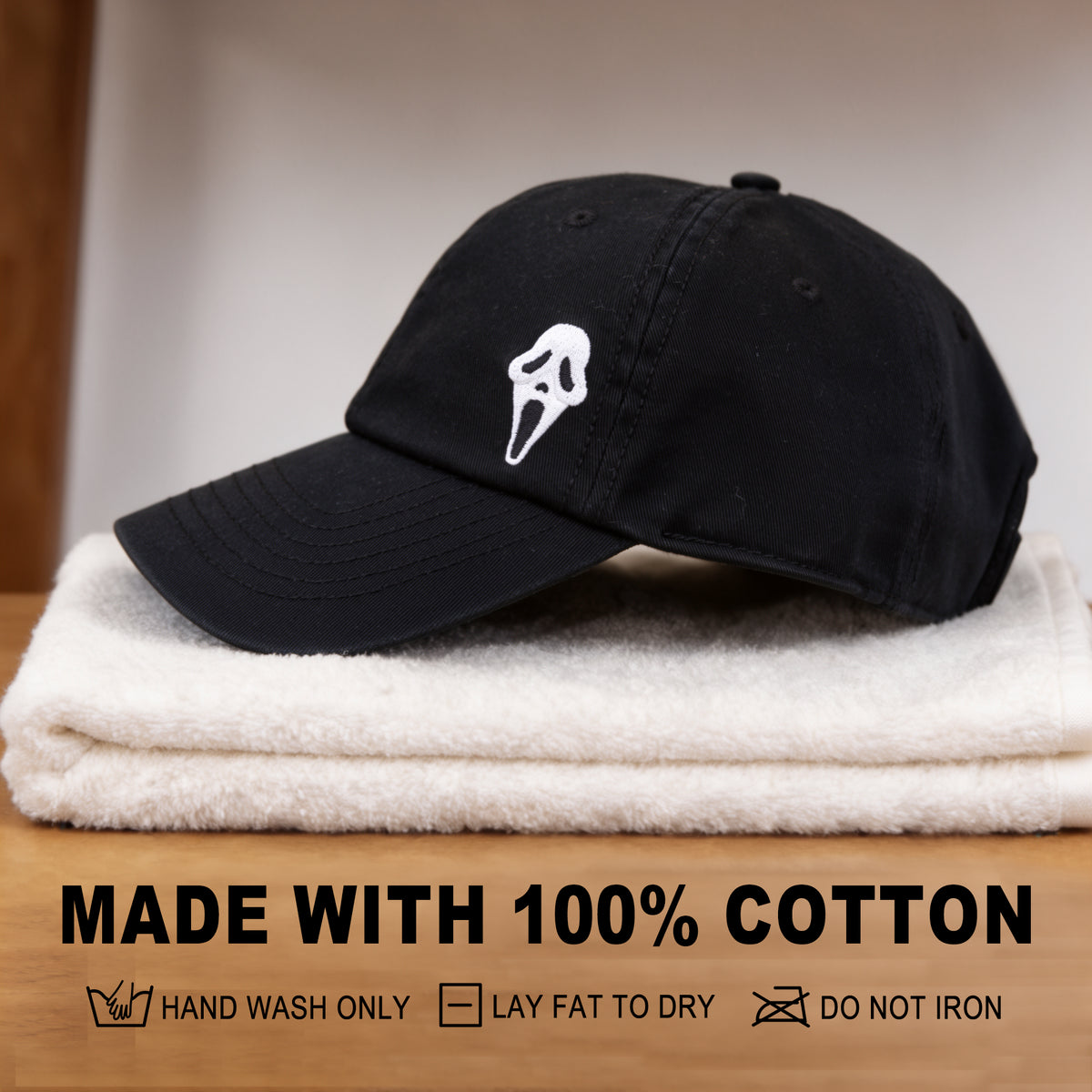 Ghost Face Embroidered Baseball Cap - Black Cotton Horror Dad Hat, Curved Bill, Adjustable Buckle Closure, Unisex