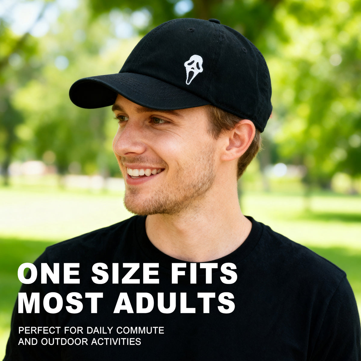 Ghost Face Embroidered Baseball Cap - Black Cotton Horror Dad Hat, Curved Bill, Adjustable Buckle Closure, Unisex