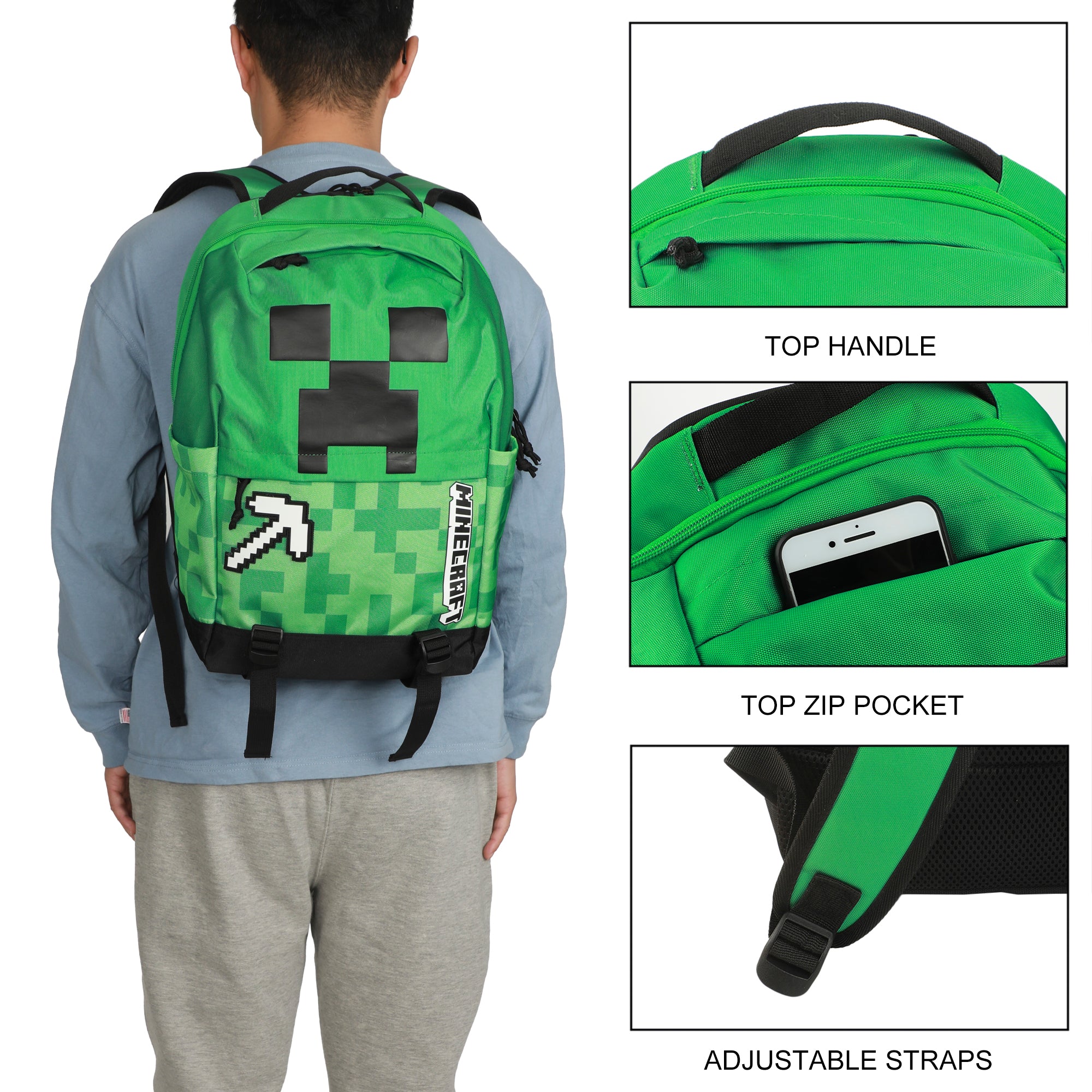 Minecraft Creeper & Pickax Green 17.5" Backpack