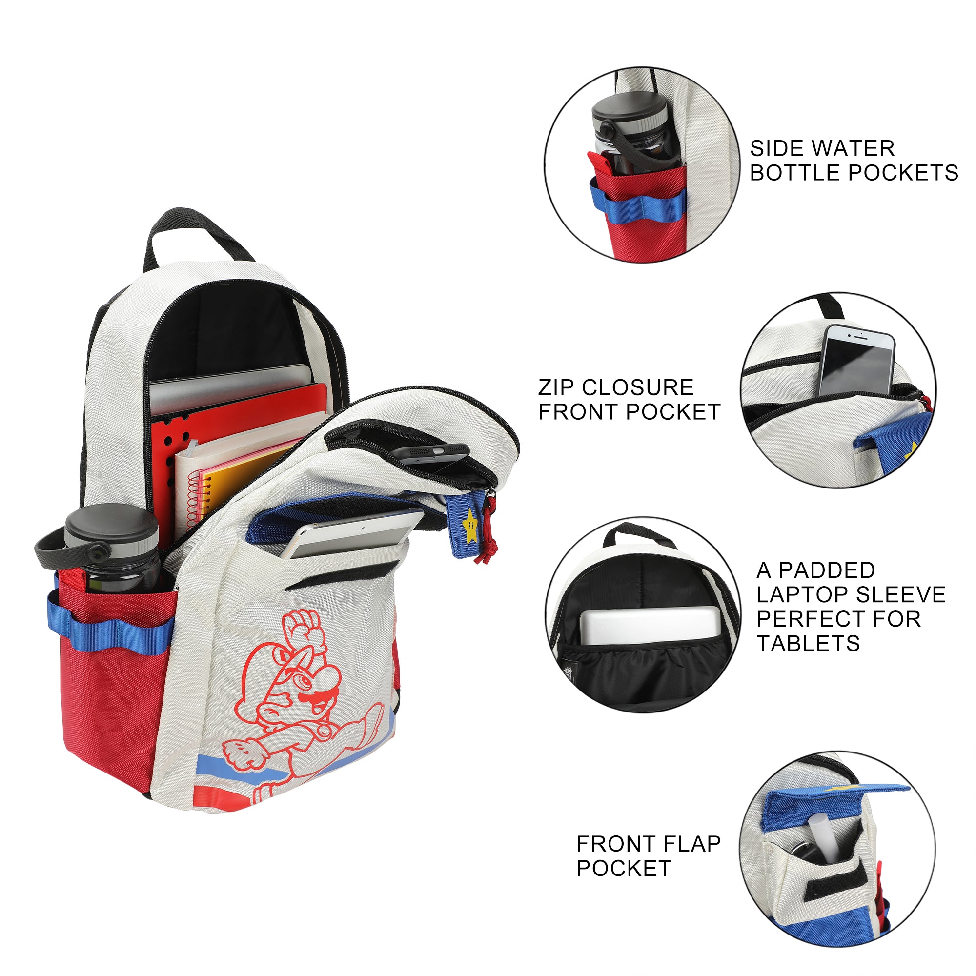 Super Mario Bros Mario Jump Pose 19" White Backpack