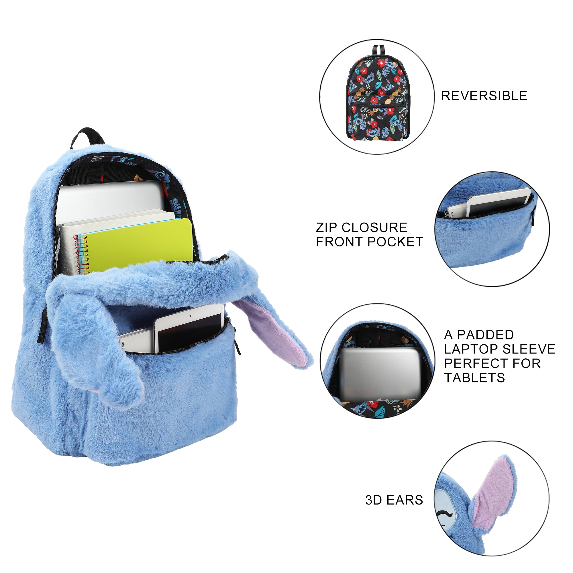 Disney Stitch Plush Character & Tropical Print 16.5" Flip Pak Reversible Backpack