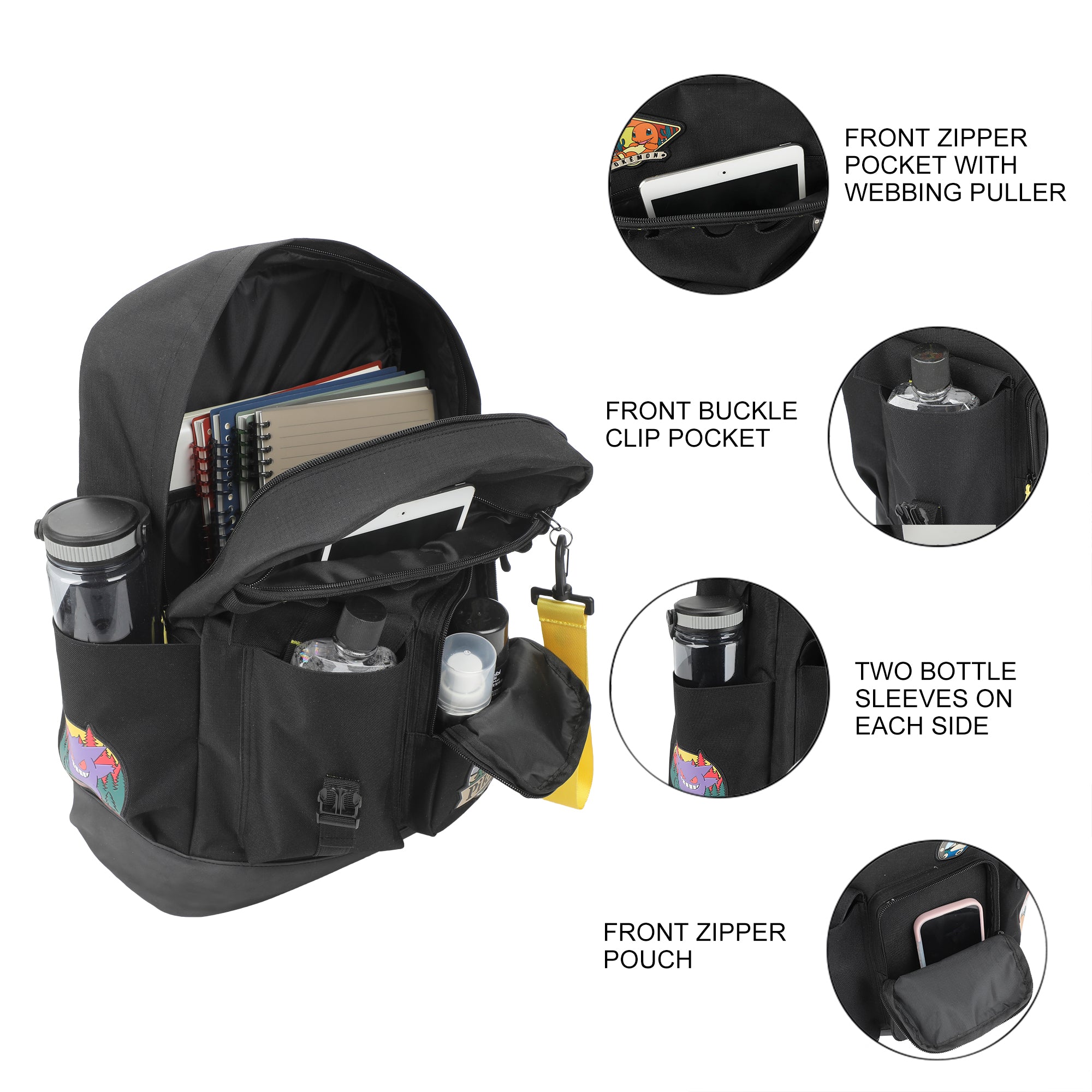 Pokémon Character Patches 19" Black Backpack