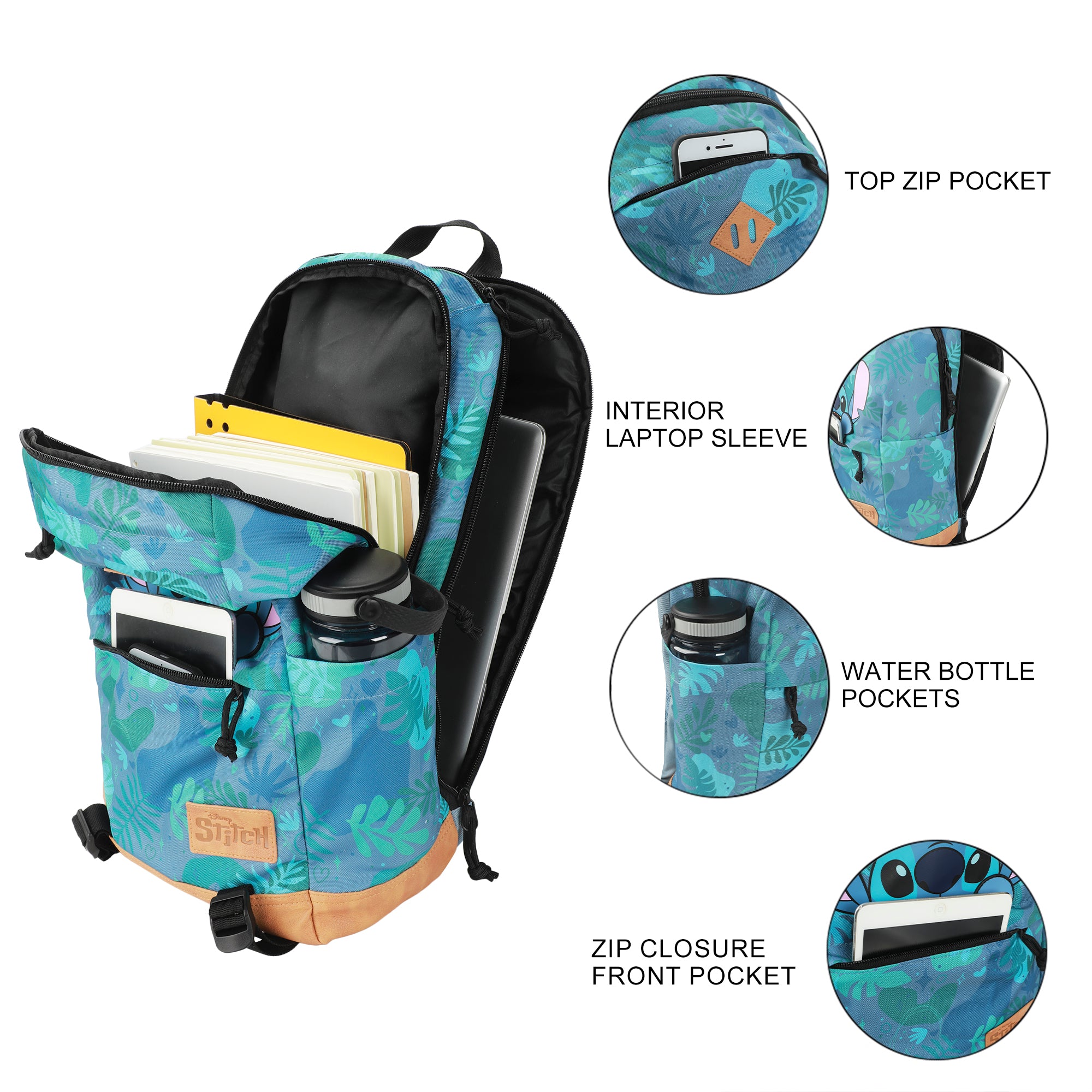 Disney Stitch Tropical Print 17.5" Hooded Backpack