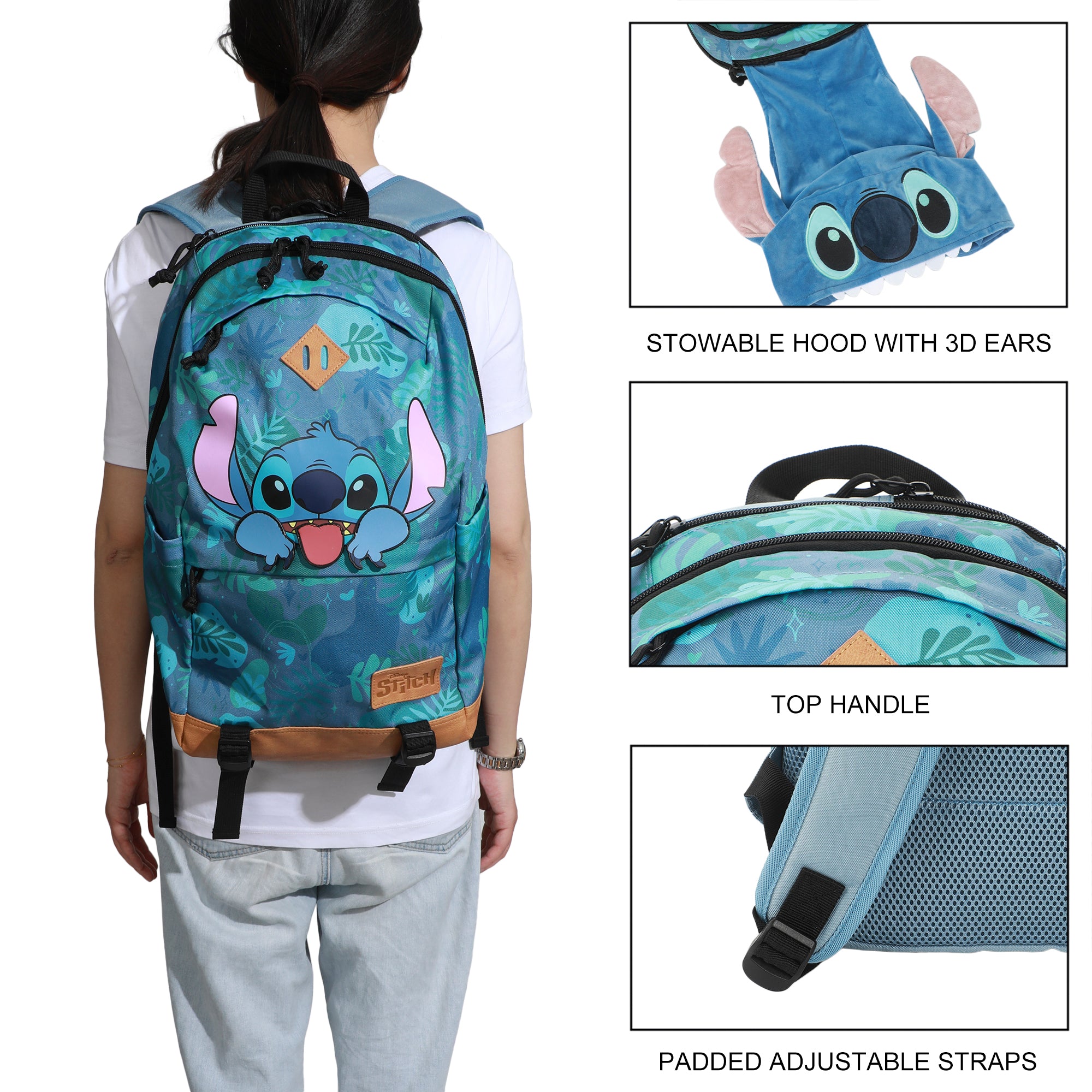 Disney Stitch Tropical Print 17.5" Hooded Backpack