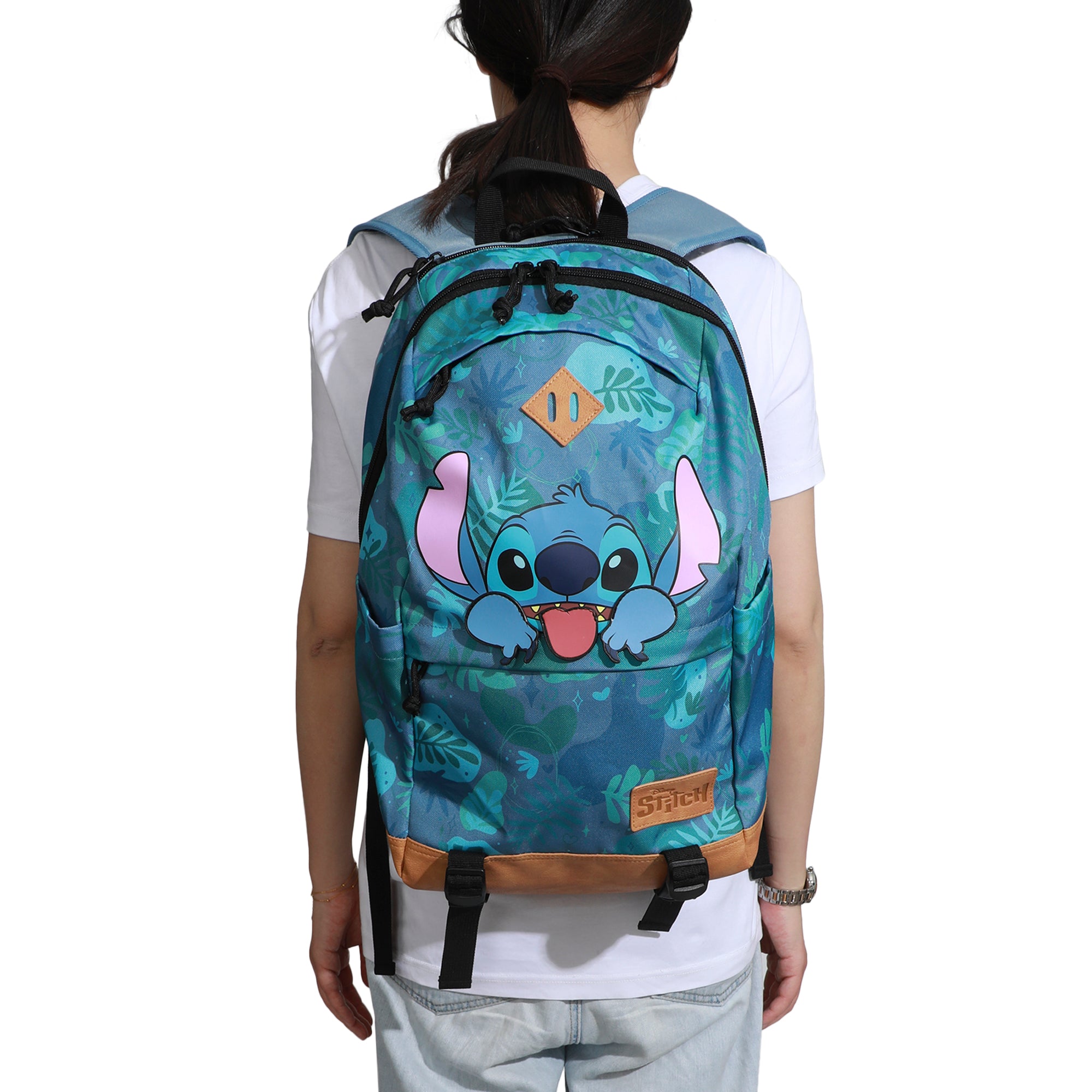 Disney Stitch Tropical Print 17.5" Hooded Backpack