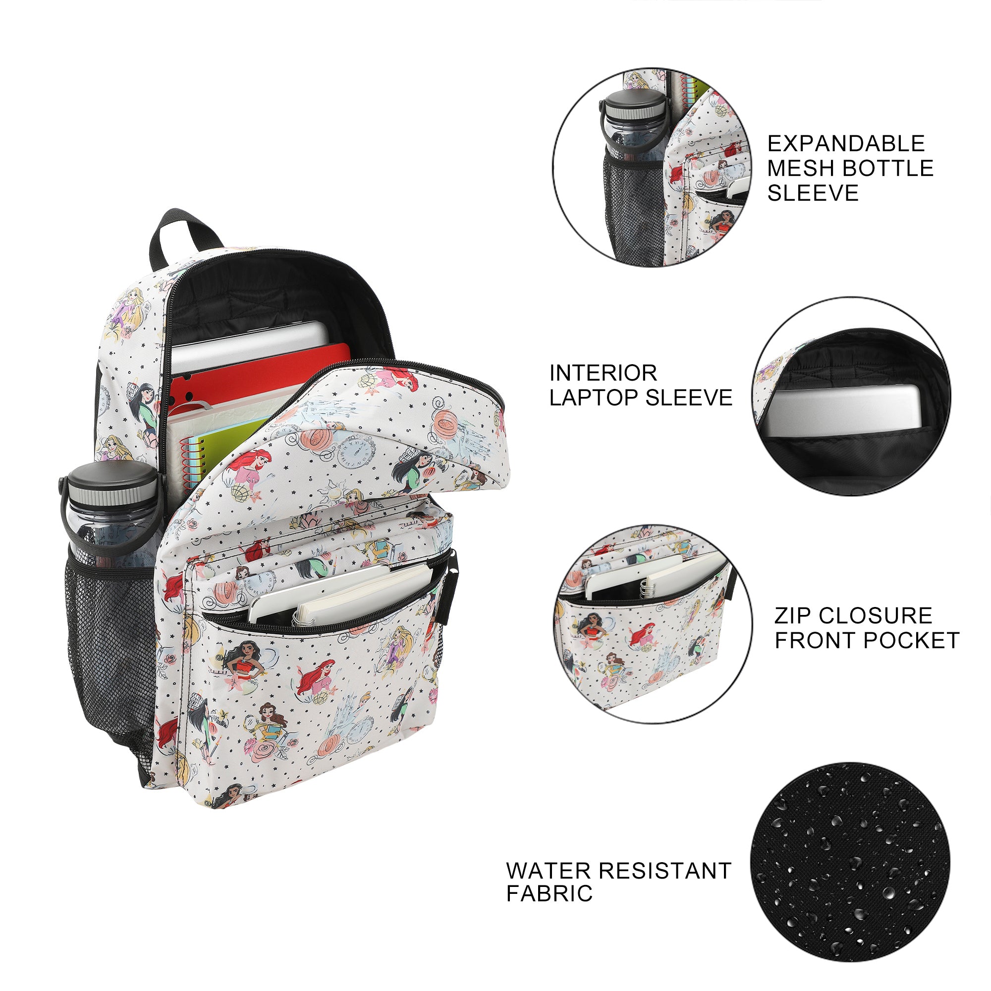 Disney Princess Characters All-Over Print 16" White Backpack
