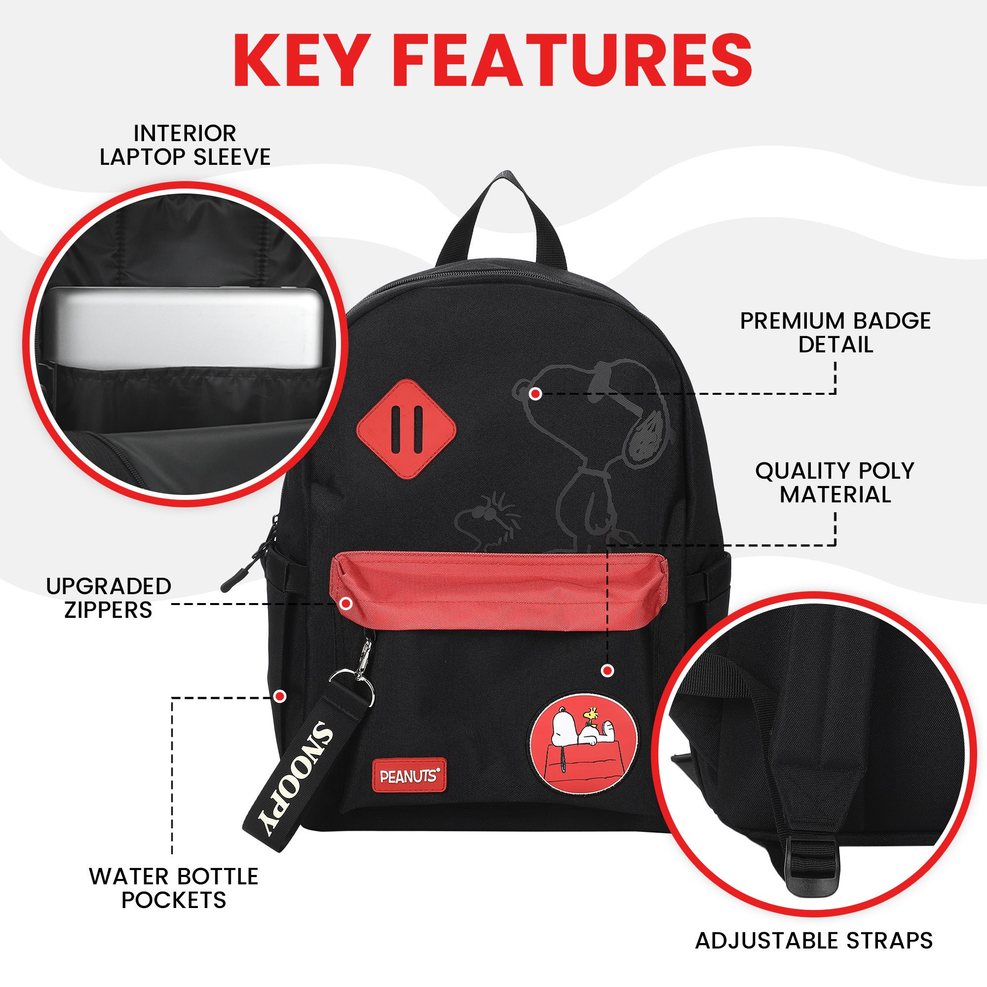 Peanuts Snoopy Line Art 16.5" Adult Black & Red Backpack