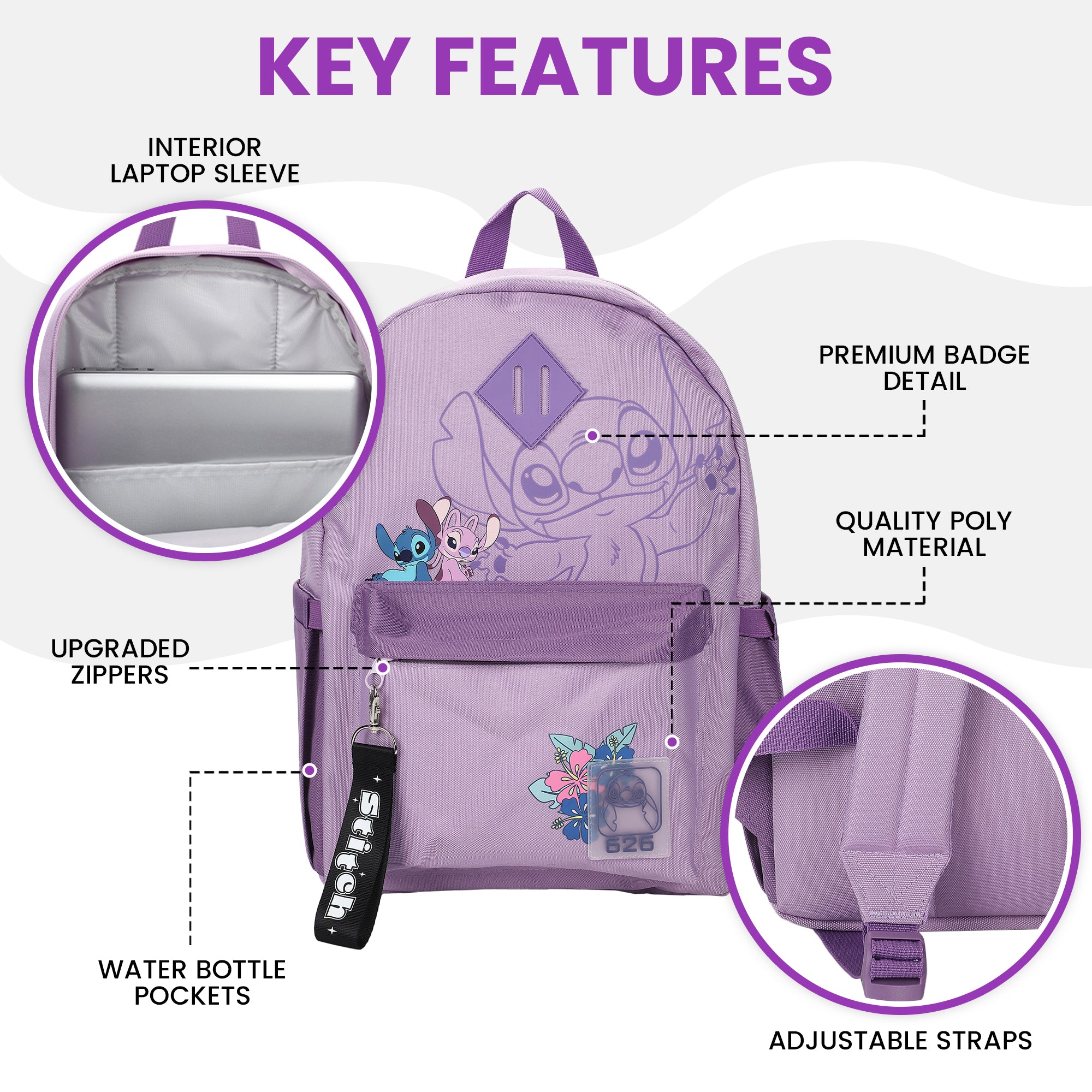 Lilo & Stitch Line Art 16.5” Adult Lavender Backpack