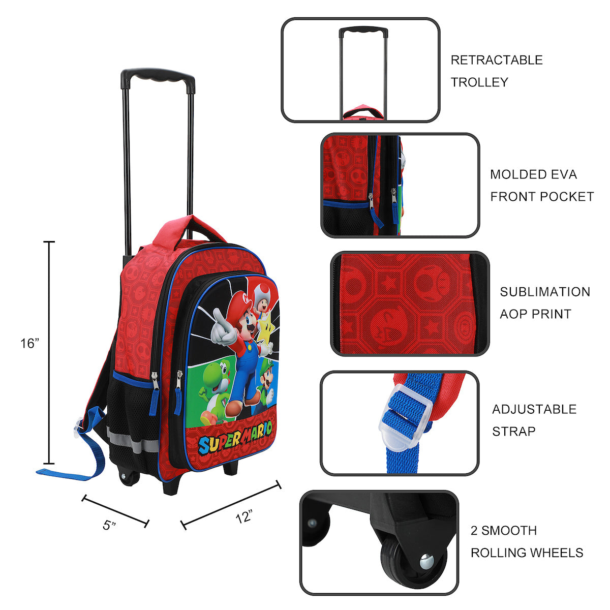 Super Mario Bros 16 Retractable Trolly Backpack with Rolling Wheels