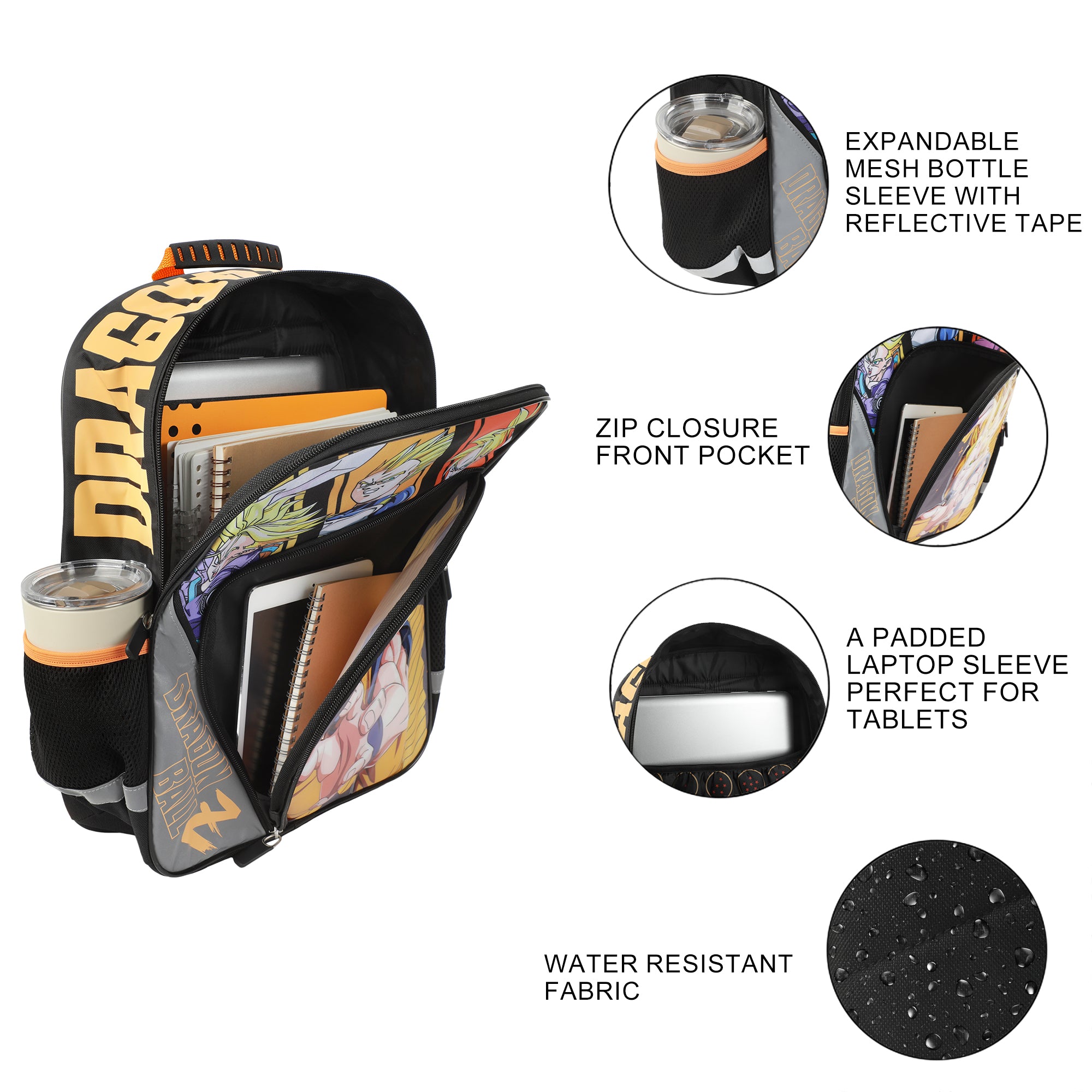 Dragon Ball Z Super Saiyan Character Panels 16" kids boys Backpack