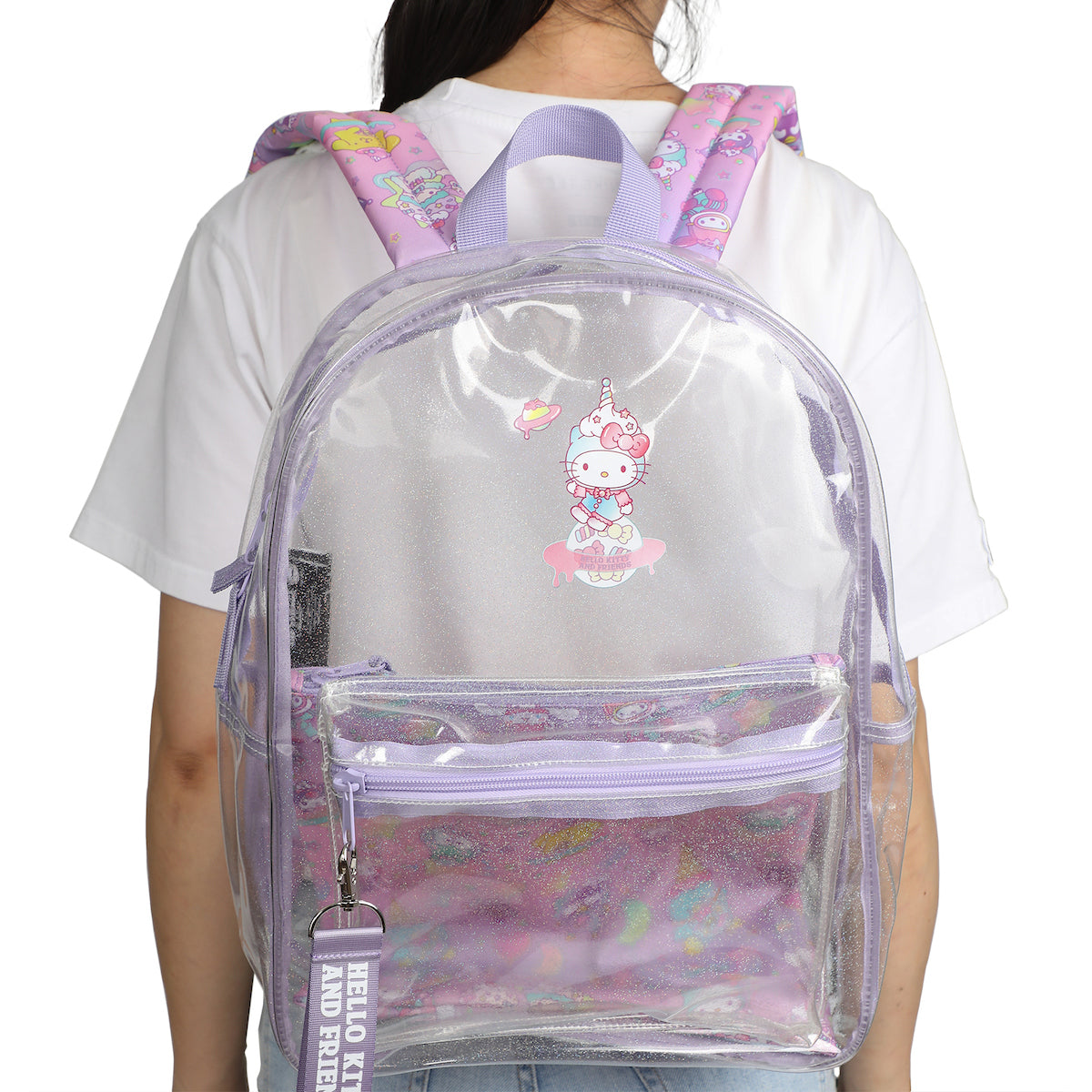 Hello Kitty & Friends Character Print 16.5" Clear Glitter Backpack