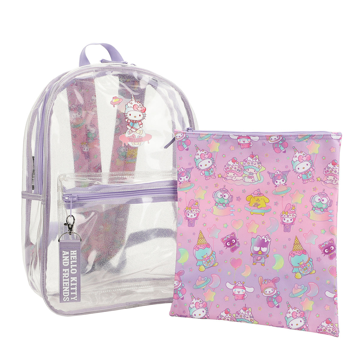 Hello Kitty & Friends Character Print 16.5" Clear Glitter Backpack