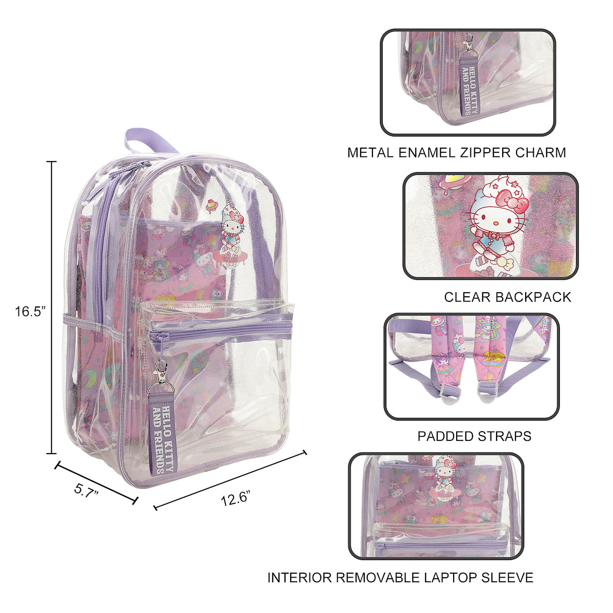 Hello Kitty & Friends Character Print 16.5" Clear Glitter Backpack