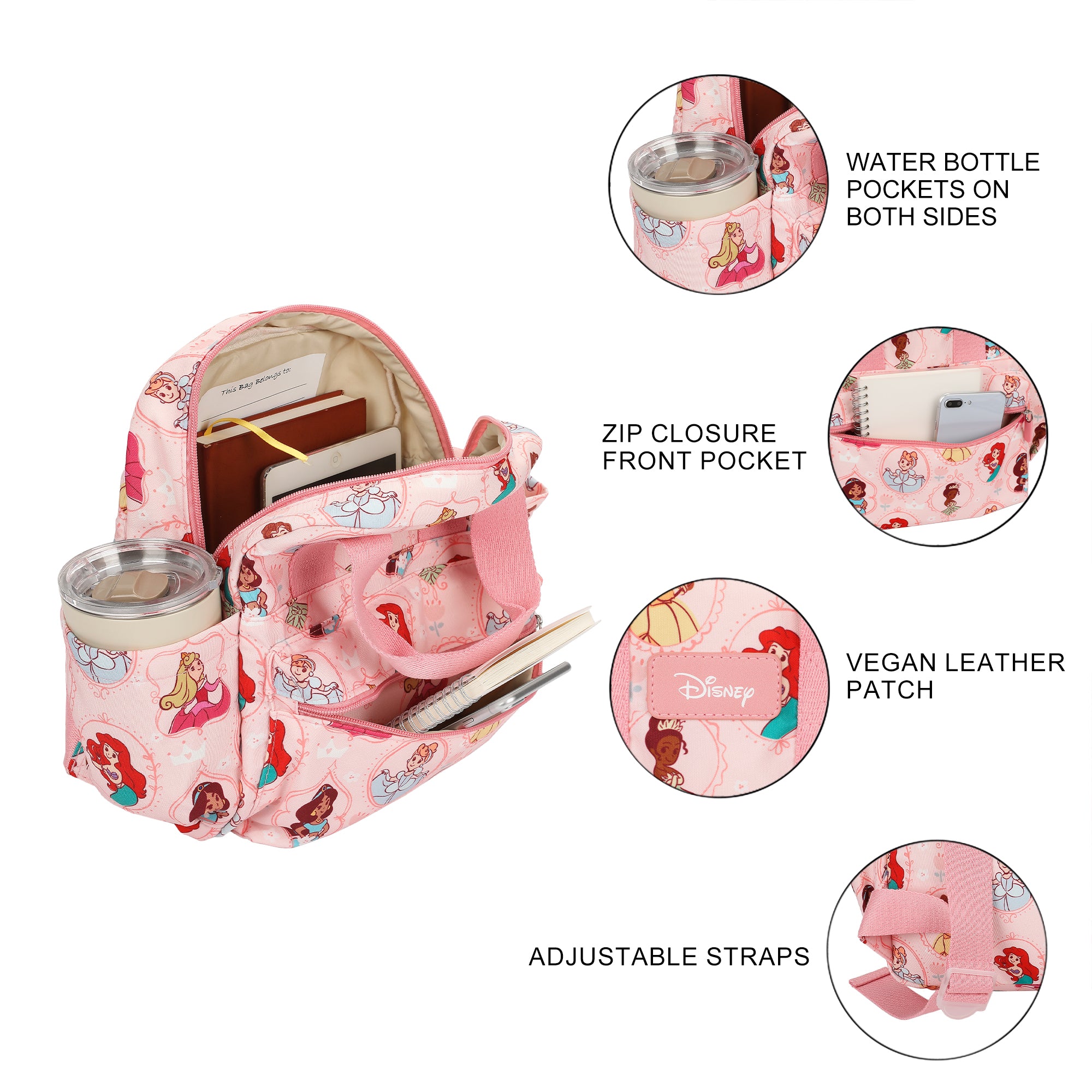 Disney Princesses All-Over Print 16” Toddler Backpack For Preschool, Daycare, And Travel