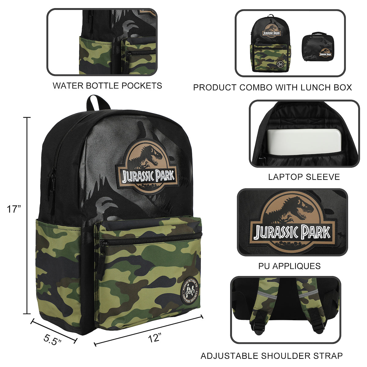 backpack with water bottle pocket and lunchbox laptop Jurassic Park INGEN Camo 17" Backpack and Lunch Tote Set – Bioworld