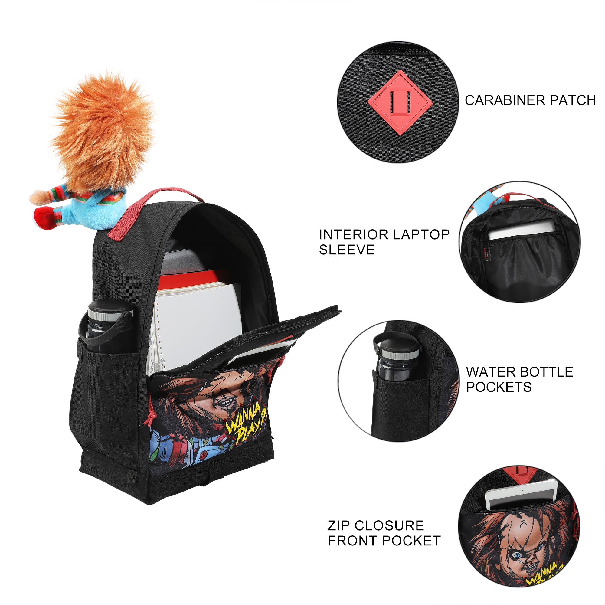 Chucky 17.5" Black adult Backpack With Plush Character Charm