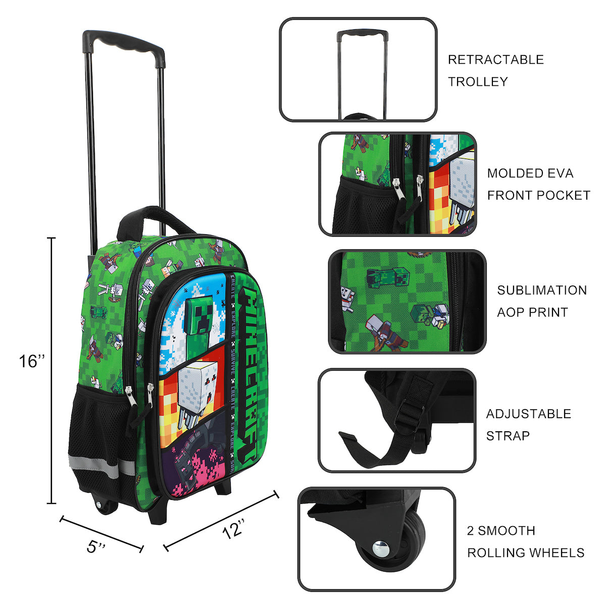 Minecraft Rolling 16" Backpack with Adjustable Handle