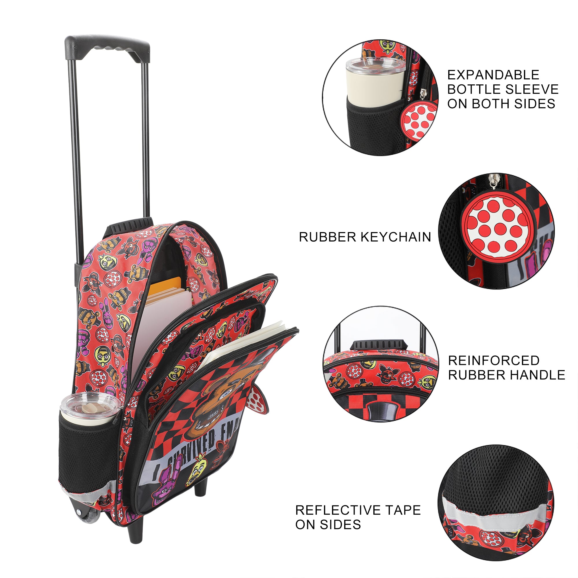 Five Nights at Freddy's 16" Rolling Travel Backpack With Wheels And Pizza Keychain
