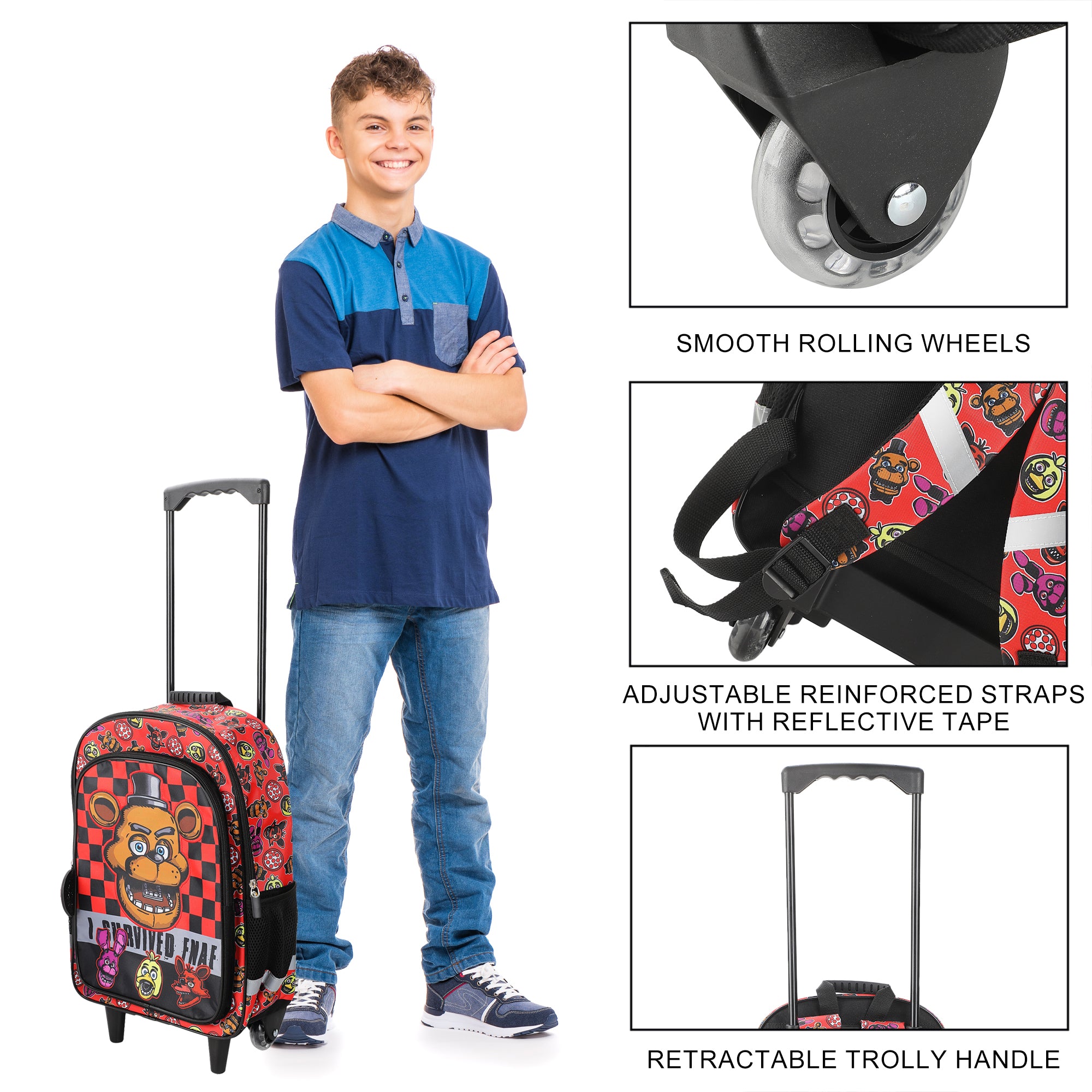 Five Nights at Freddy's 16" Rolling Travel Backpack With Wheels And Pizza Keychain