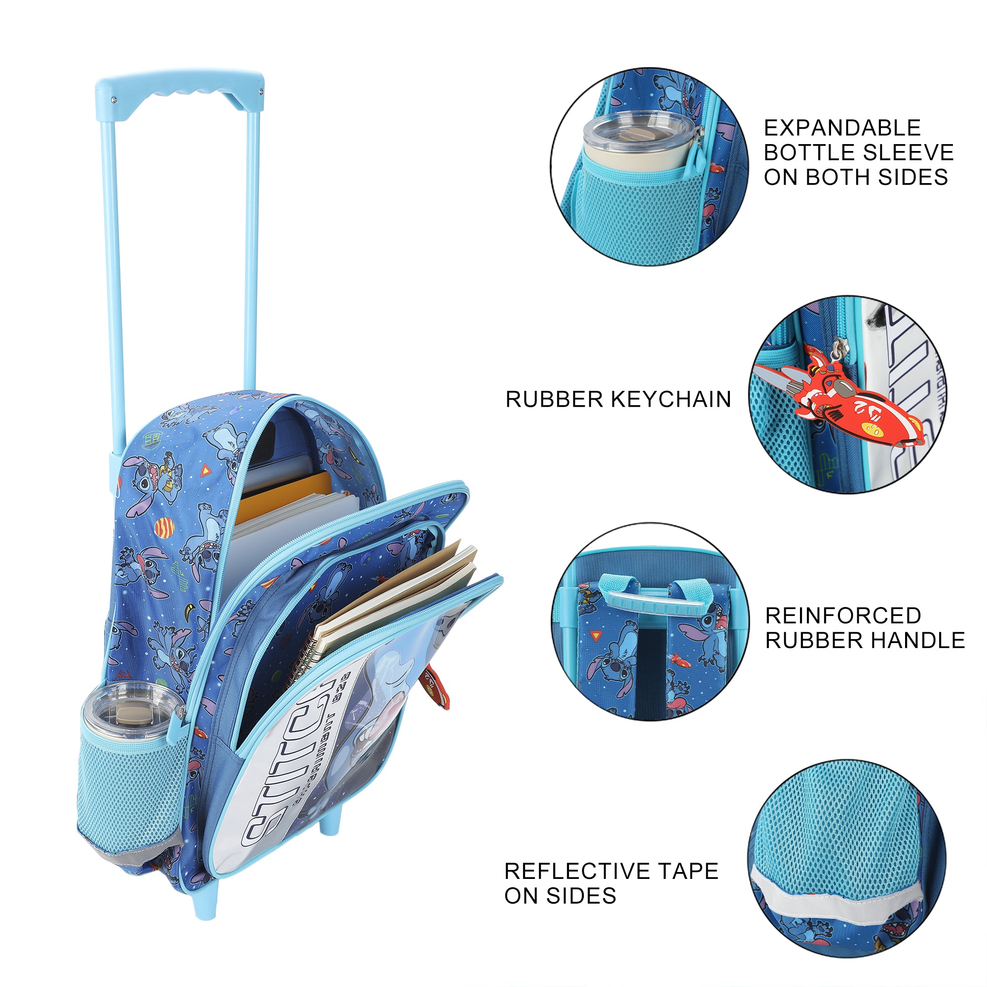 Disney's Stitch 16" Rolling Travel Backpack With Wheels And A Keychain