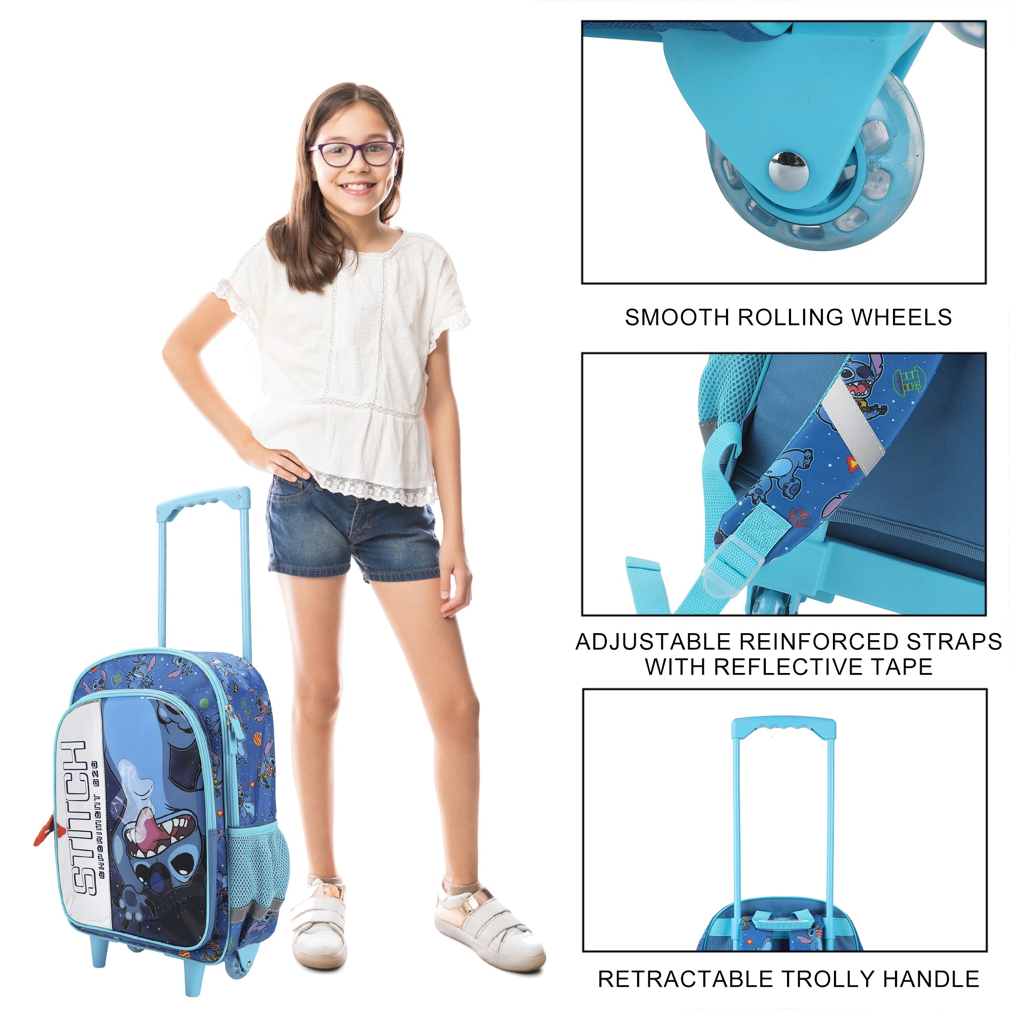 Disney's Stitch 16" Rolling Travel Backpack With Wheels And A Keychain