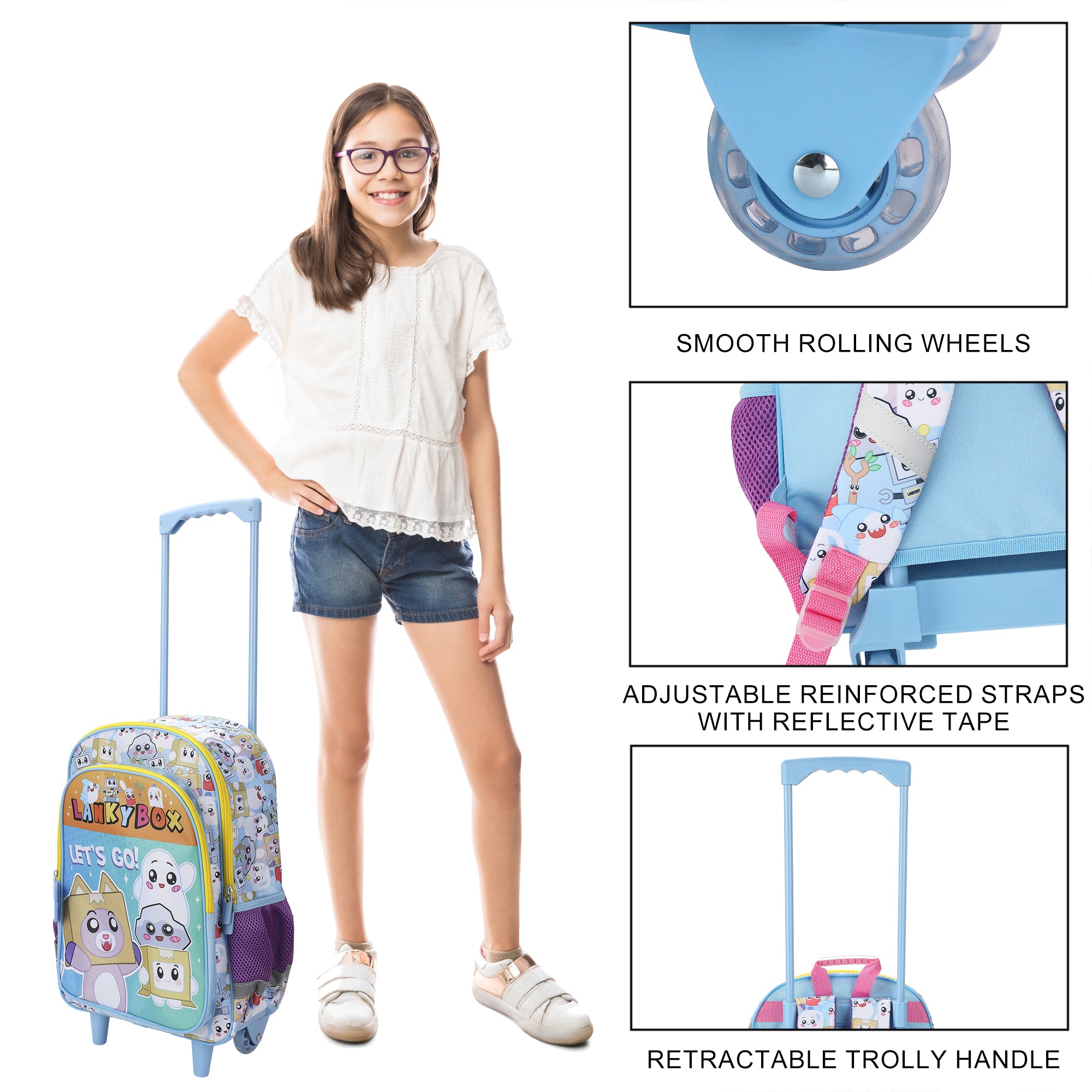 Lanky Box "Let's Go!" 16" Rolling Travel Backpack With Wheels And A Keychain