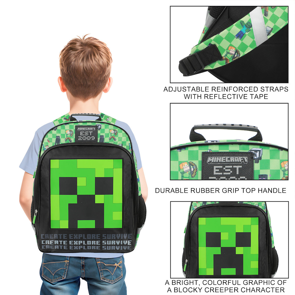 Minecraft Creeper Character 16" Kid's boys Backpack For School And Travel