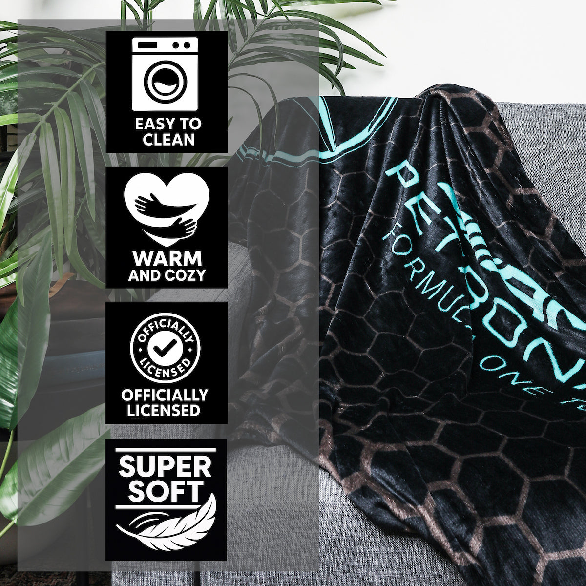 F1 Mercedes AMG Petronas Official Fleece Blanket | Super Soft Warm Black Throw, Stealth Formula One Design | Perfect For The Bedroom, Camping & Sleepovers 40 x 59”