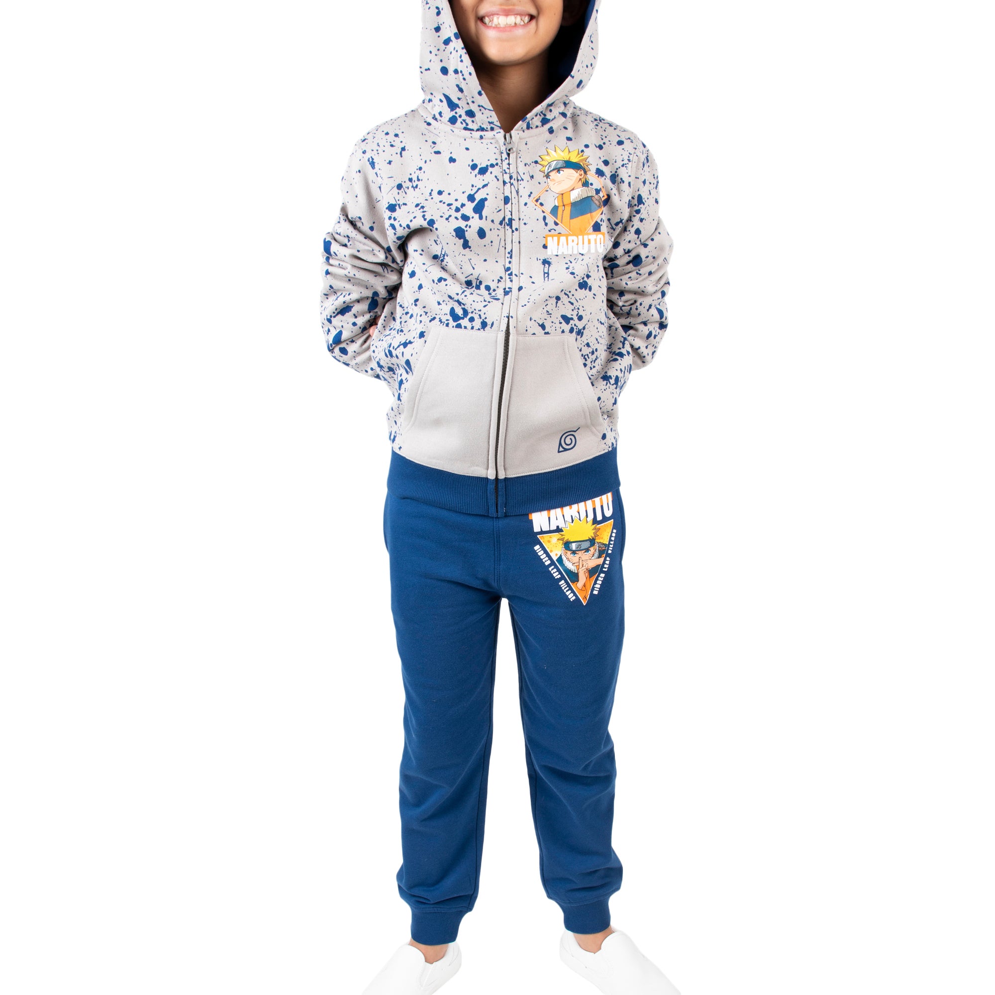 Naruto Classic Youth Boys Gray Zip Hoodie and Navy Jogger Pants