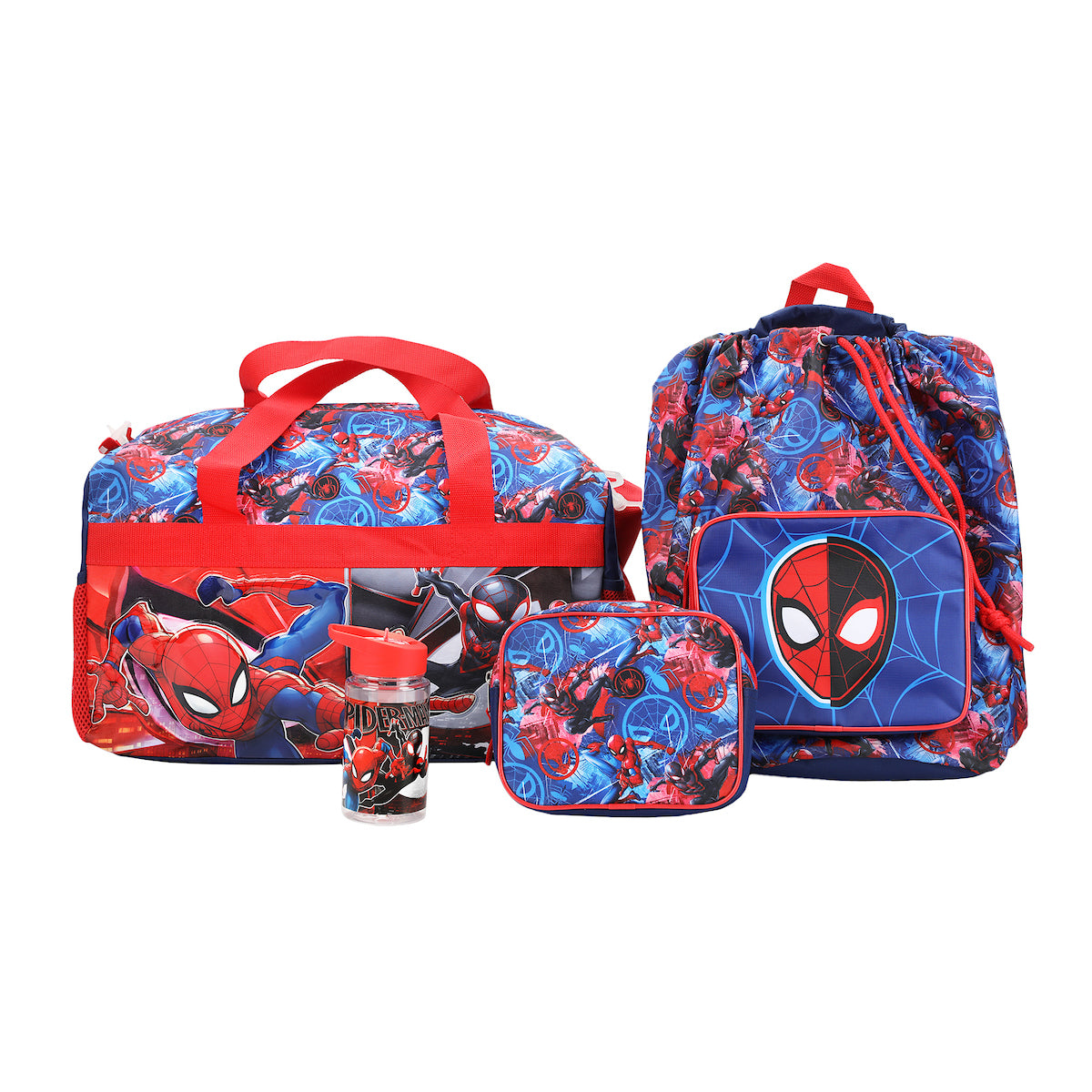Spider-Man 4-Piece Duffel, Drawstring Backpack, Water Bottle and Utility Case Blue Youth Duffle Bag Set