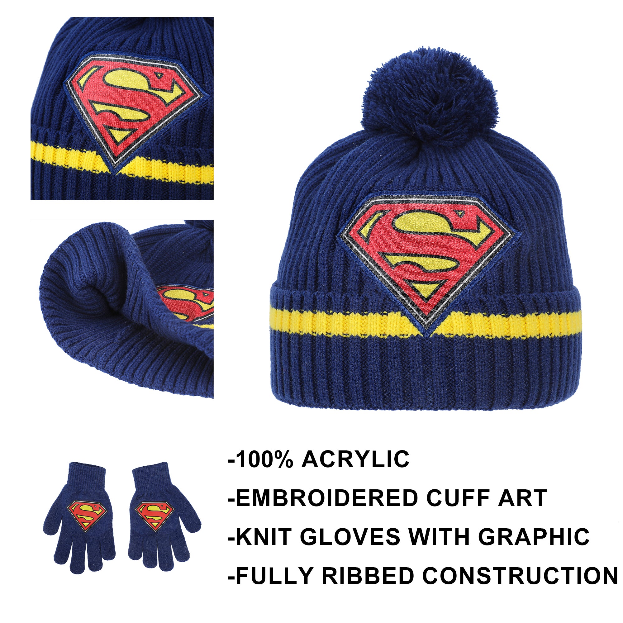 Superman Cuff Hat And Knit Gloves Youth Cold Weather Set