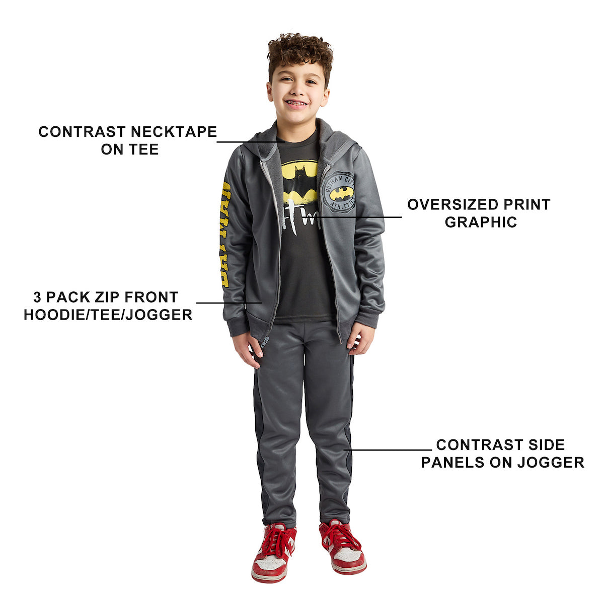 Batman Gotham City Athletics Boy's 3-Pack Hoodie Tee & Joggers Set