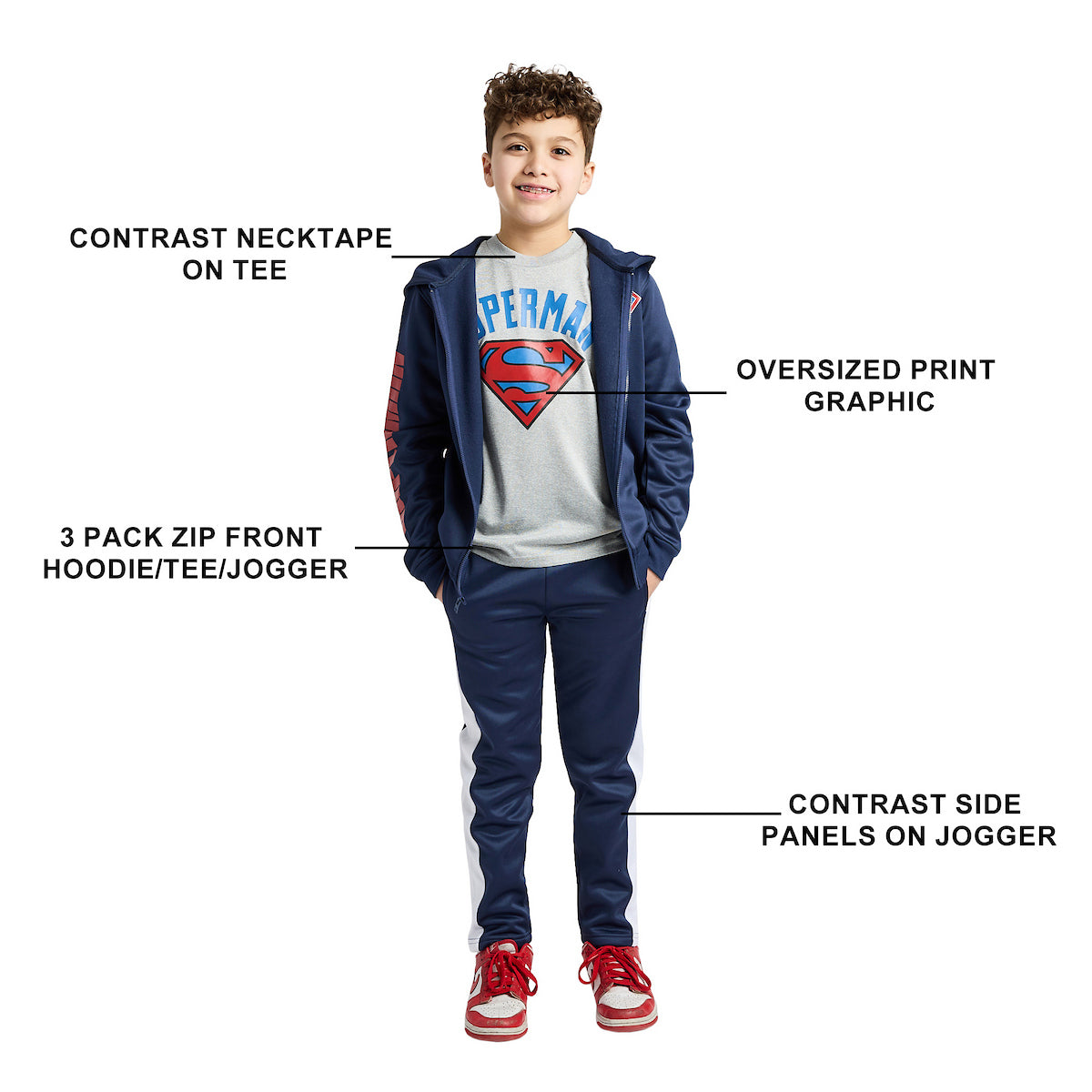 Superman Logo Boy's 3-Pack Hoodie Tee & Joggers Set