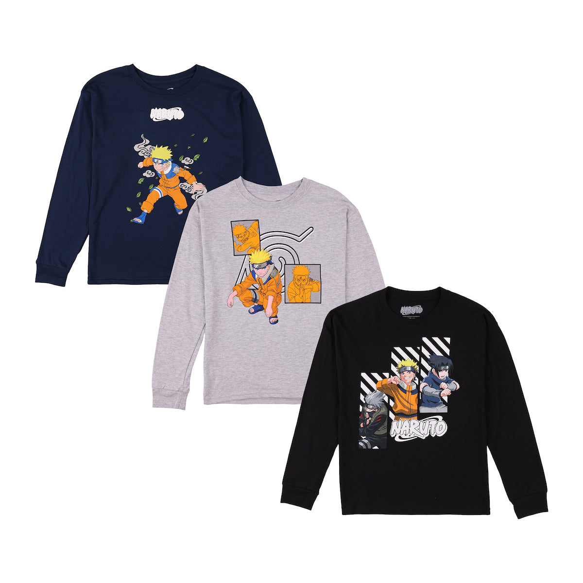 Naruto Character Art Boy's 3-Pack Crew Neck Long Sleeve Shirts