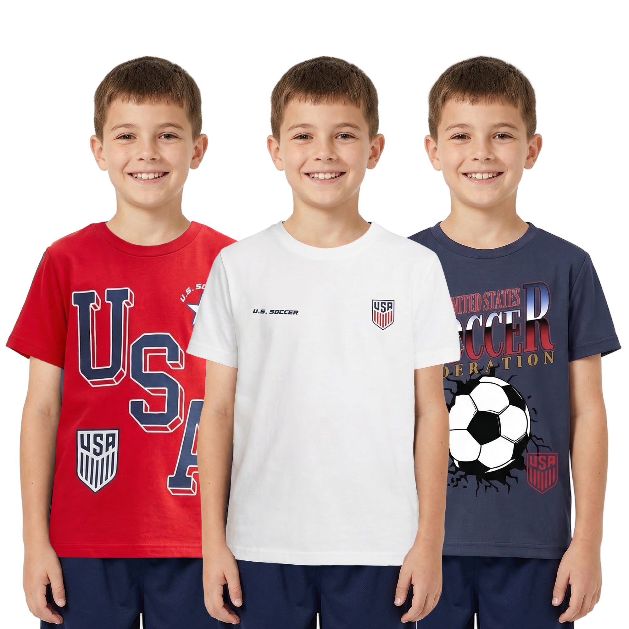 USSF USA Logos 13 Boy’s 3-Pack Crew Neck Short Sleeve T-shirt